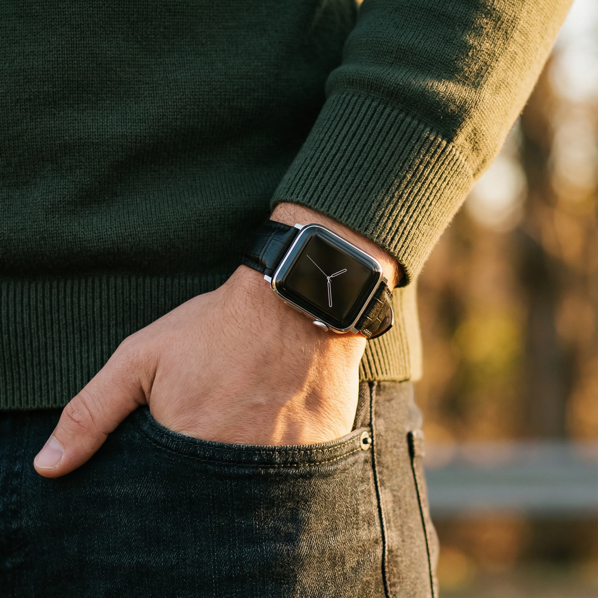 Apple Watch Black Alligator Grain Leather Watch Band - Image 2