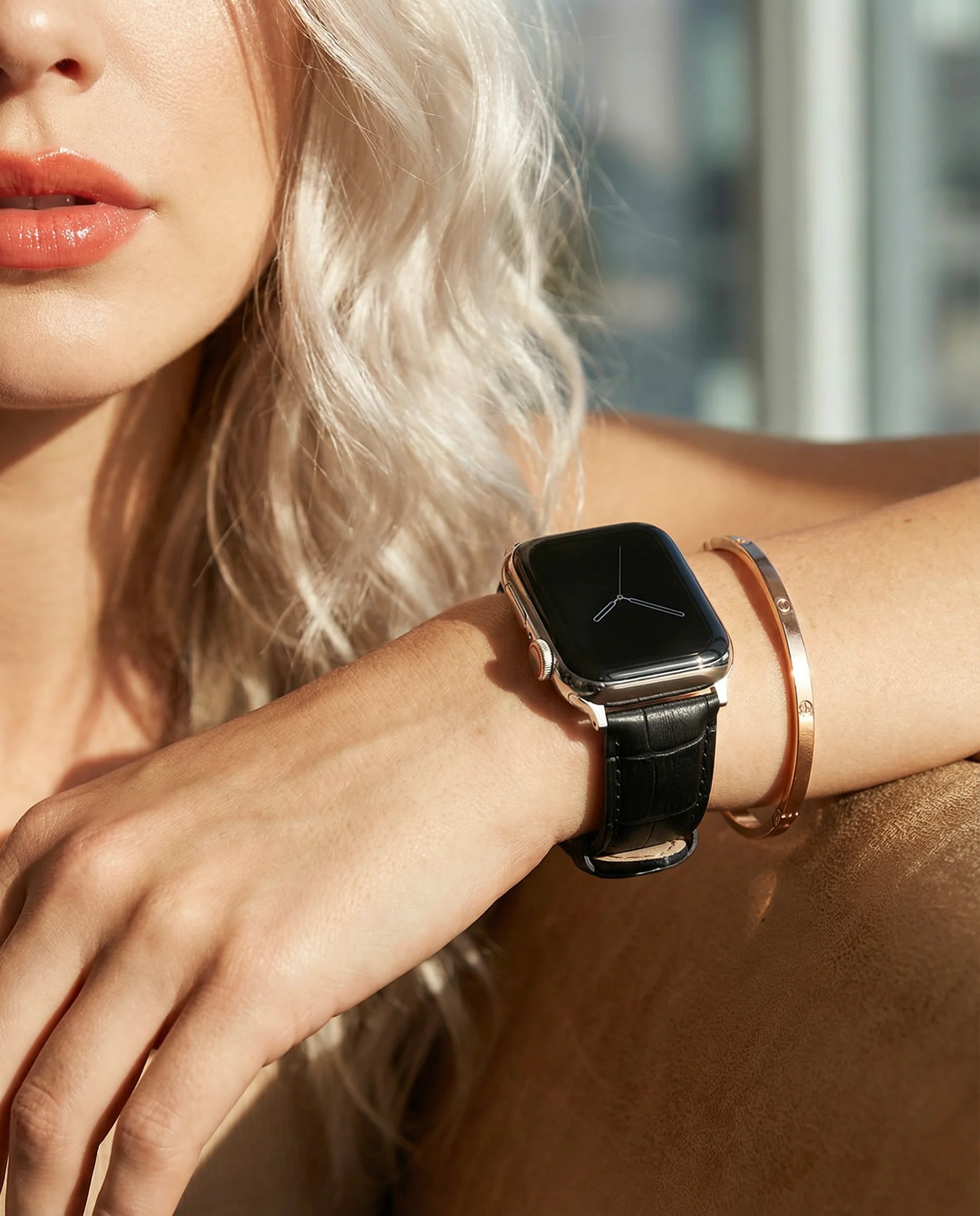 Apple Watch Black Alligator Grain Leather Watch Band (Women's) - Image 3