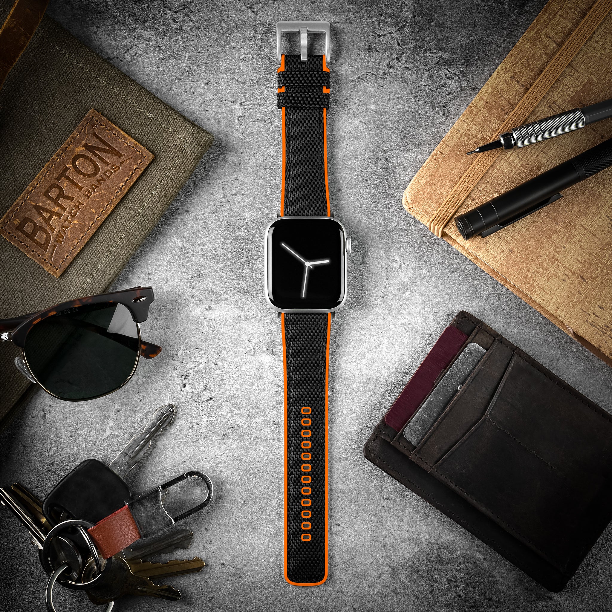 Apple Watch Black Cordura Fabric And Pumpkin Orange Silicone Hybrid Watch Band - Image 2