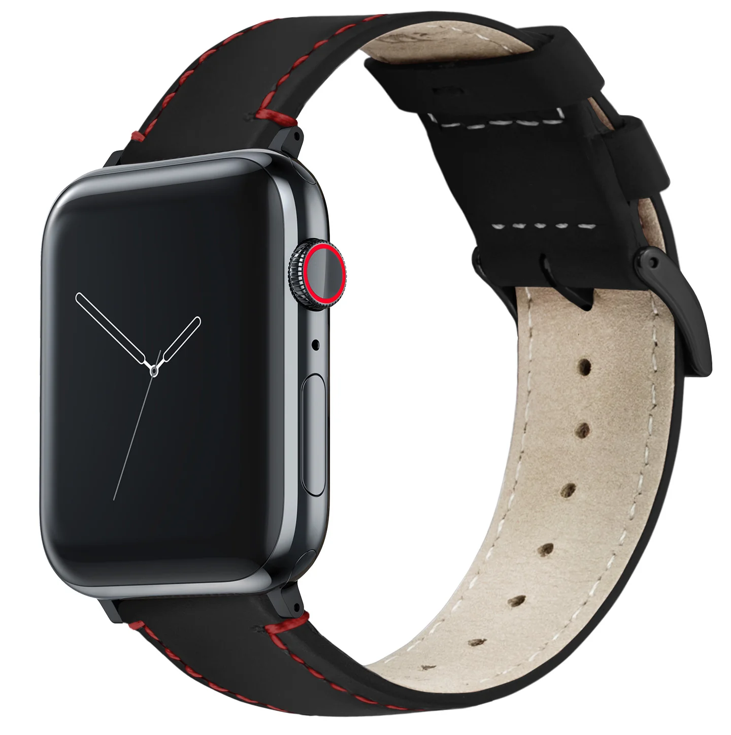 Apple Watch Black Leather Crimson Red Stitching Watch Band - Image 2