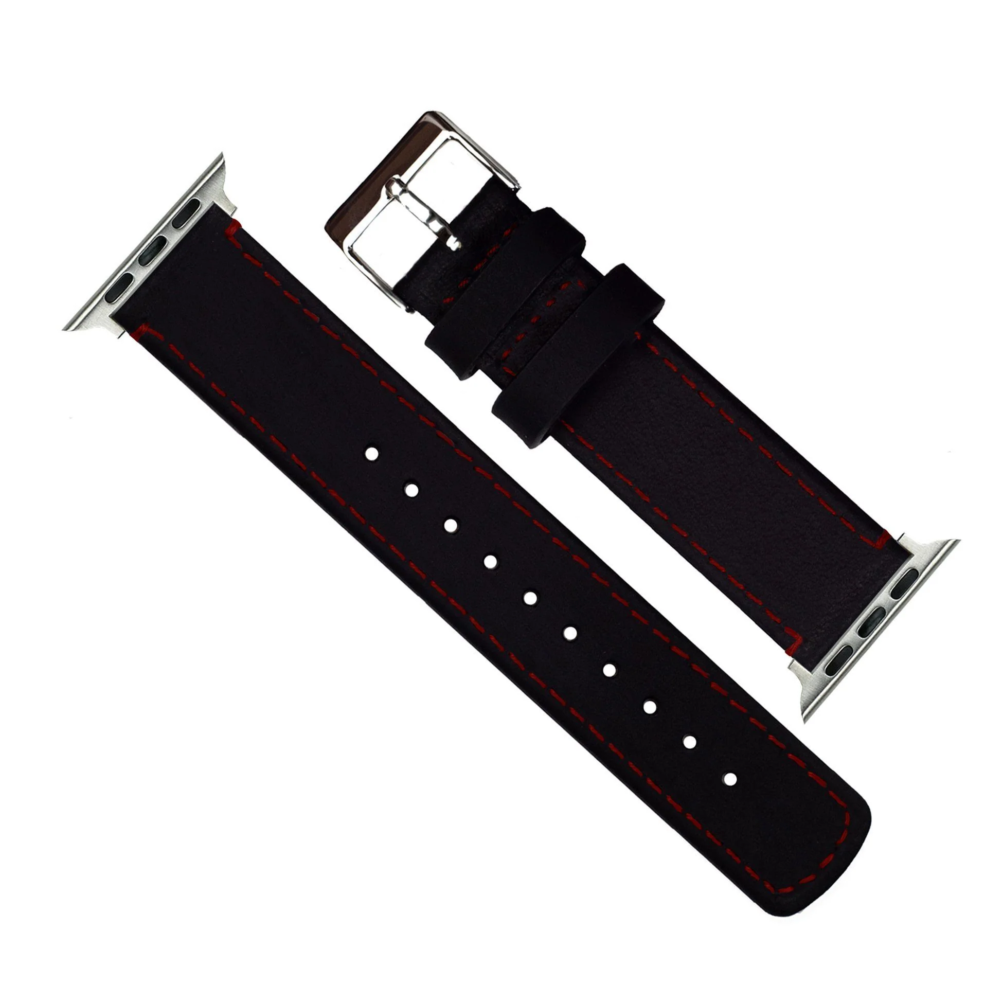 Apple Watch Black Leather Crimson Red Stitching Watch Band - Image 3