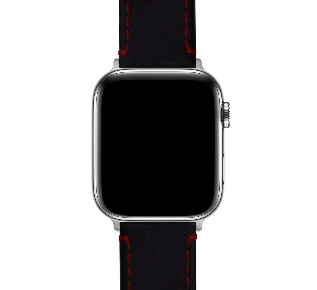 Apple Watch Black Leather Crimson Red Stitching Watch Band - Image 5