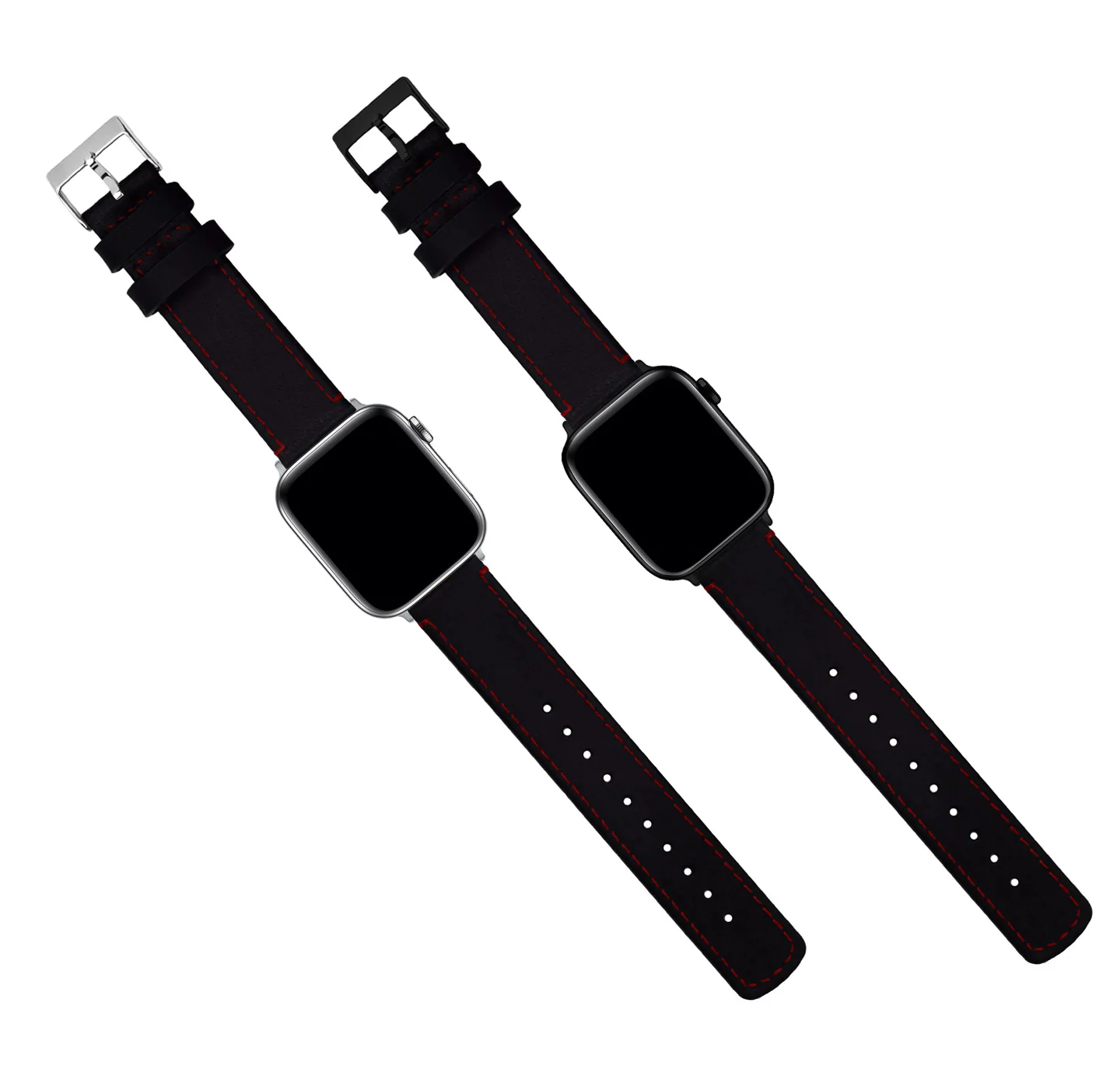 Apple Watch Black Leather Crimson Red Stitching Watch Band - Image 6