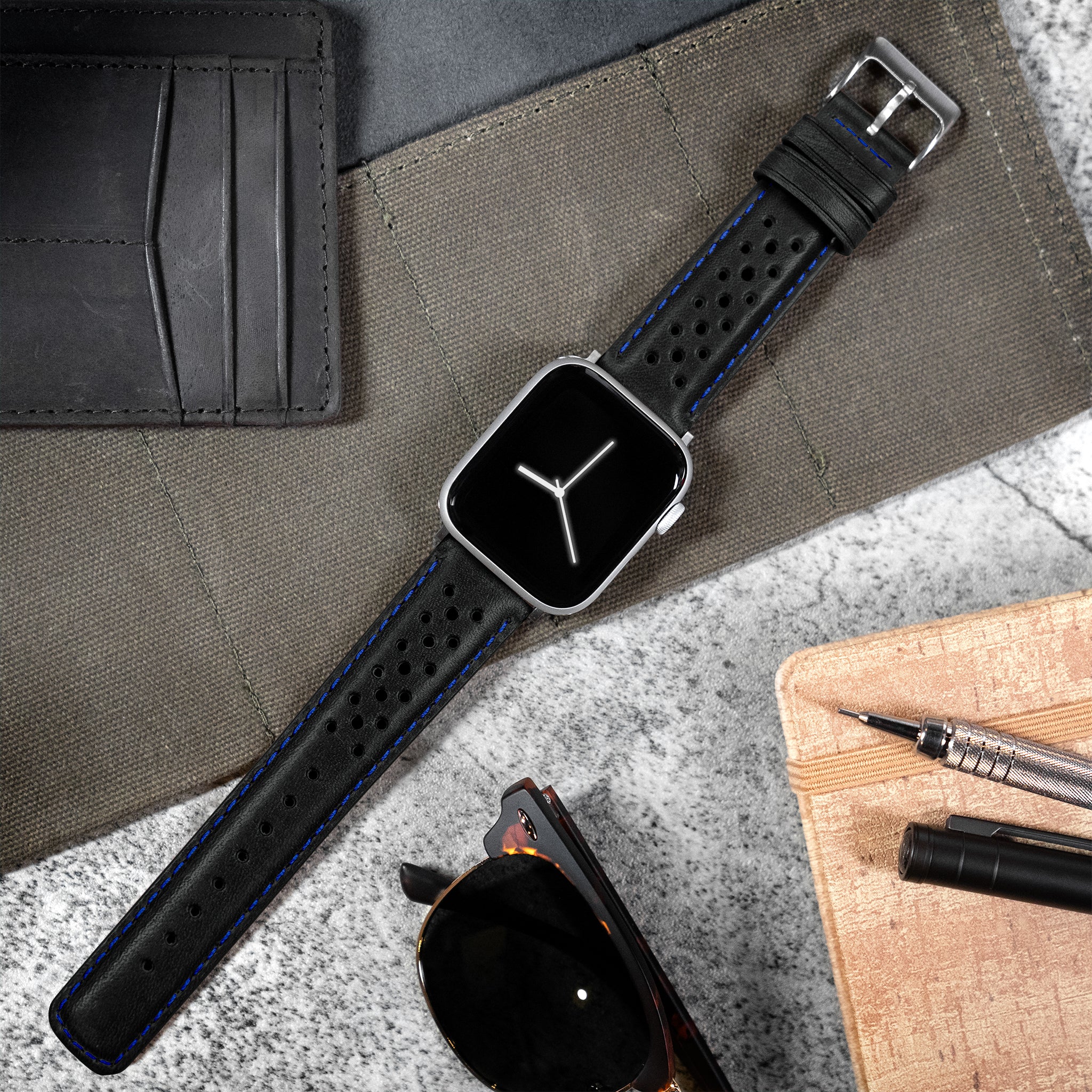 Apple Watch Black Racing Blue Stitch Horween Leather Watch Band - Image 2