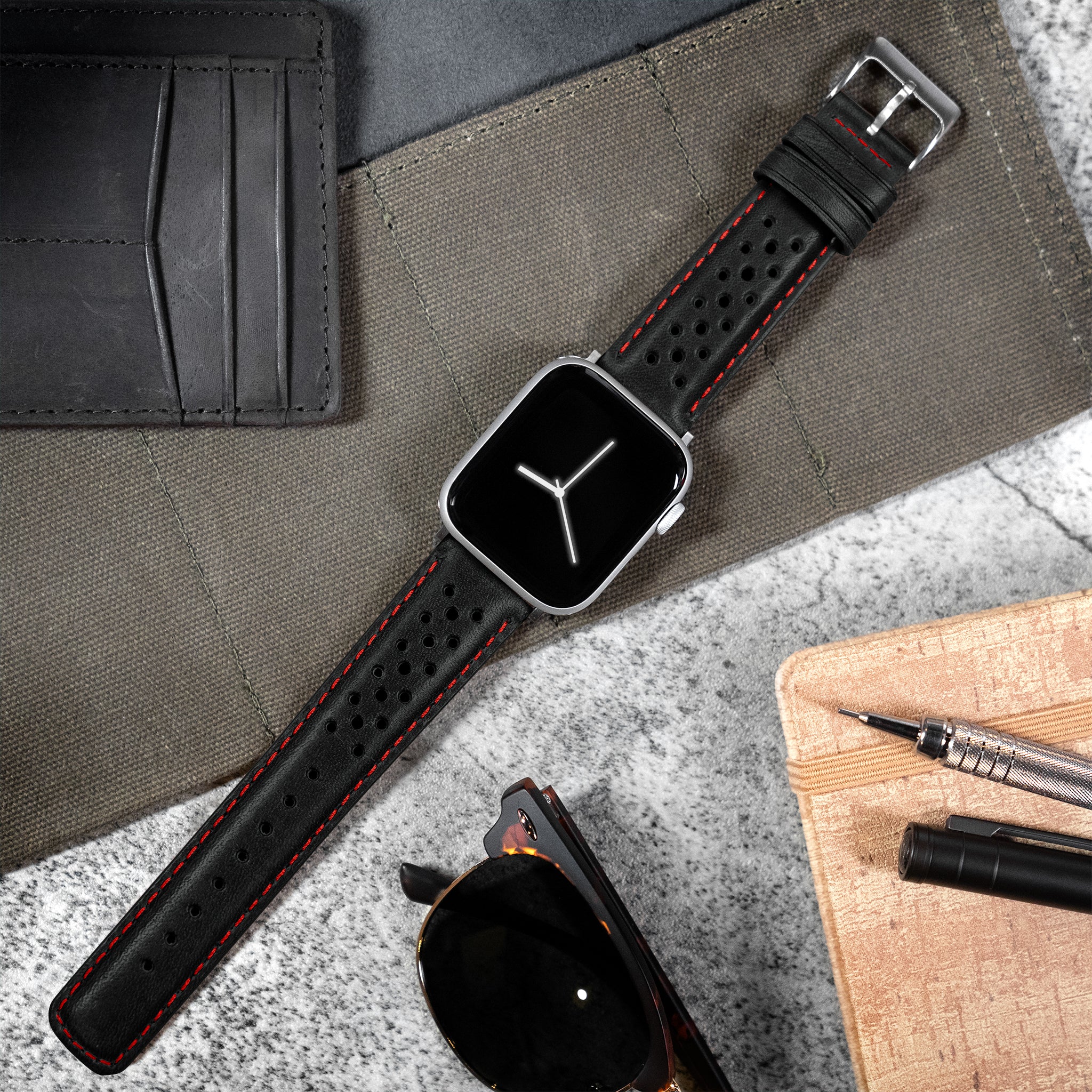 Apple Watch Black Racing Red Stitch Horween Leather Watch Band - Image 2