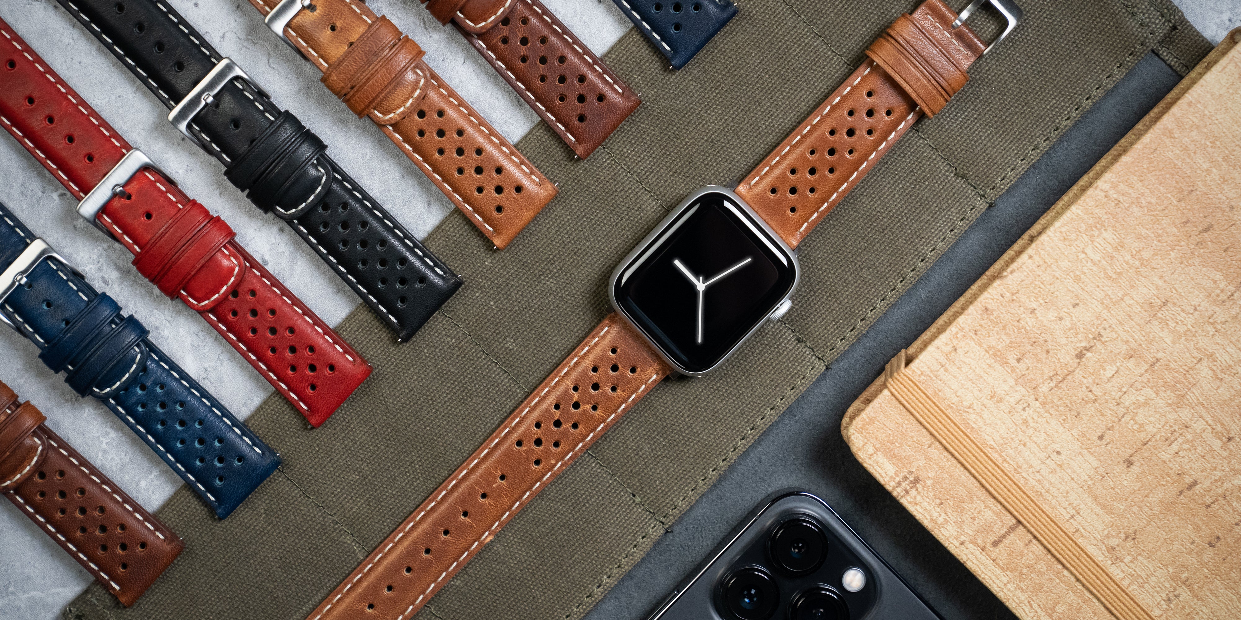Apple Watch Black Racing Red Stitch Horween Leather Watch Band - Image 7
