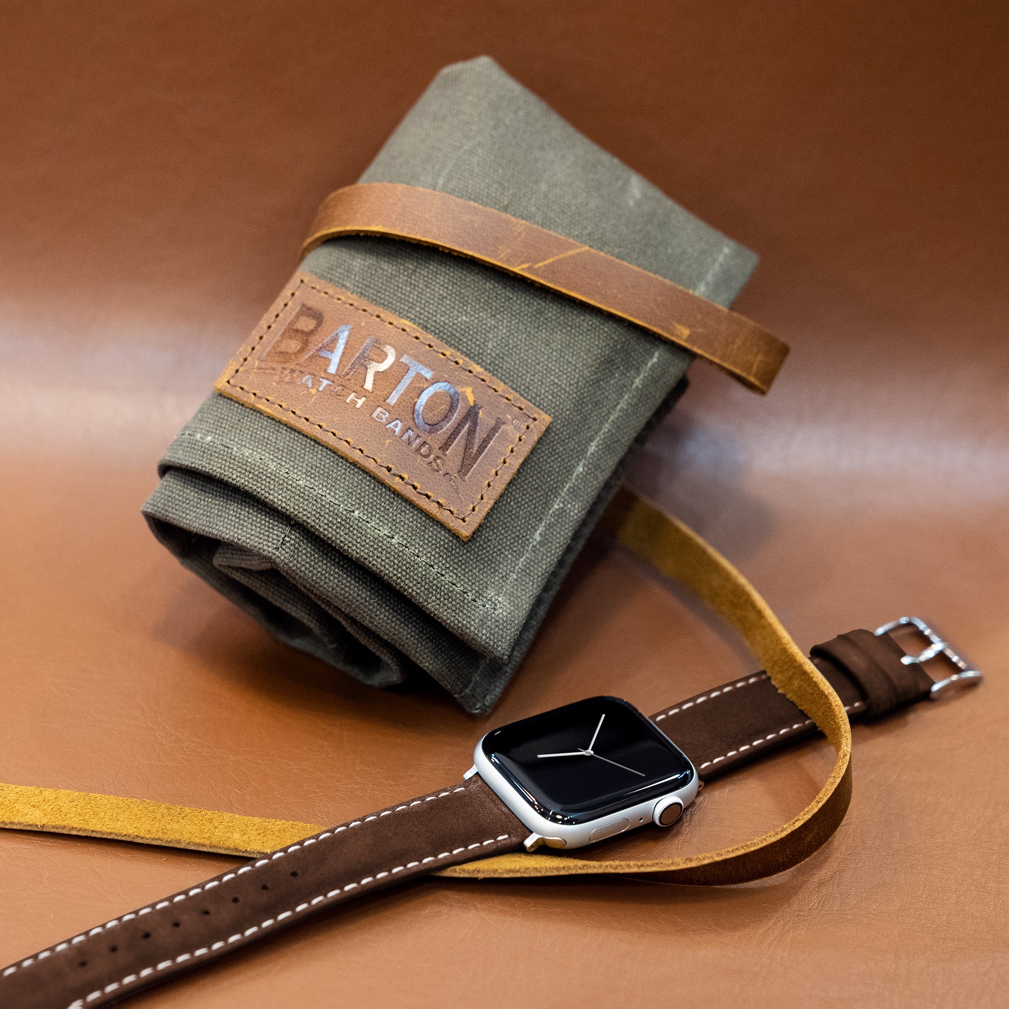 Apple Watch Chocolate Brown Italian Suede Linen White Stitching Watch Band - Image 2