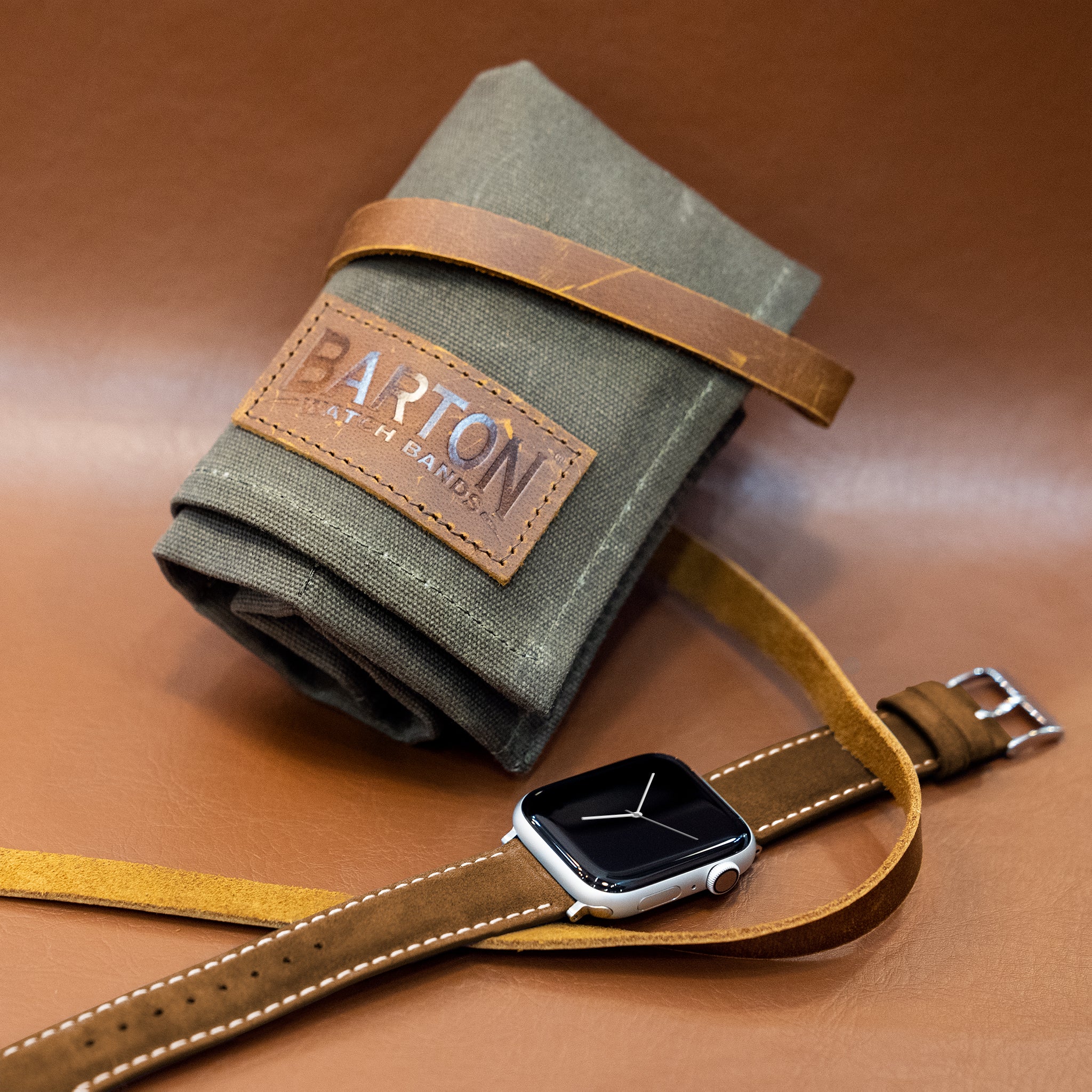 Apple Watch Cognac Brown Italian Suede Linen White Stitching Watch Band - Image 2