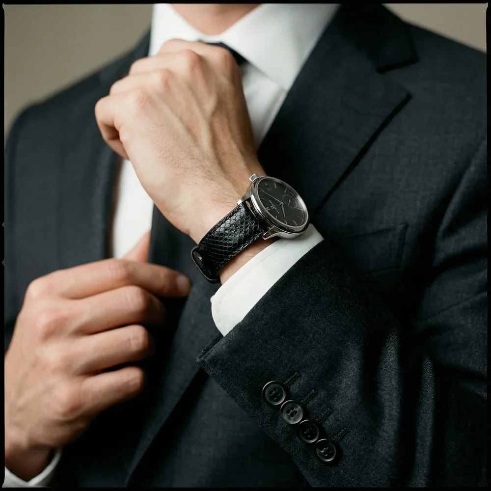 Apple Watch Genuine Snakeskin Black Leather Watch Band, Crafted in the USA - Image 2