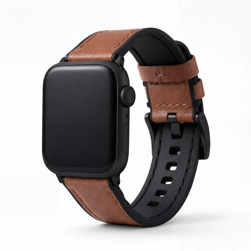 Apple Watch Light Brown Water Resistant Leather Silicone Base Watch Band - Image 6