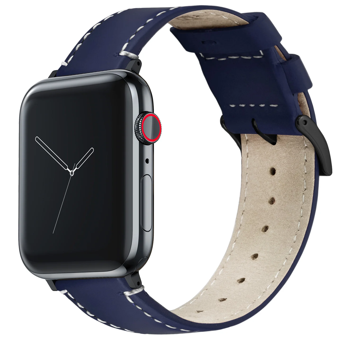 Apple Watch Navy Blue Leather Linen White Stitching Watch Band - Image 3