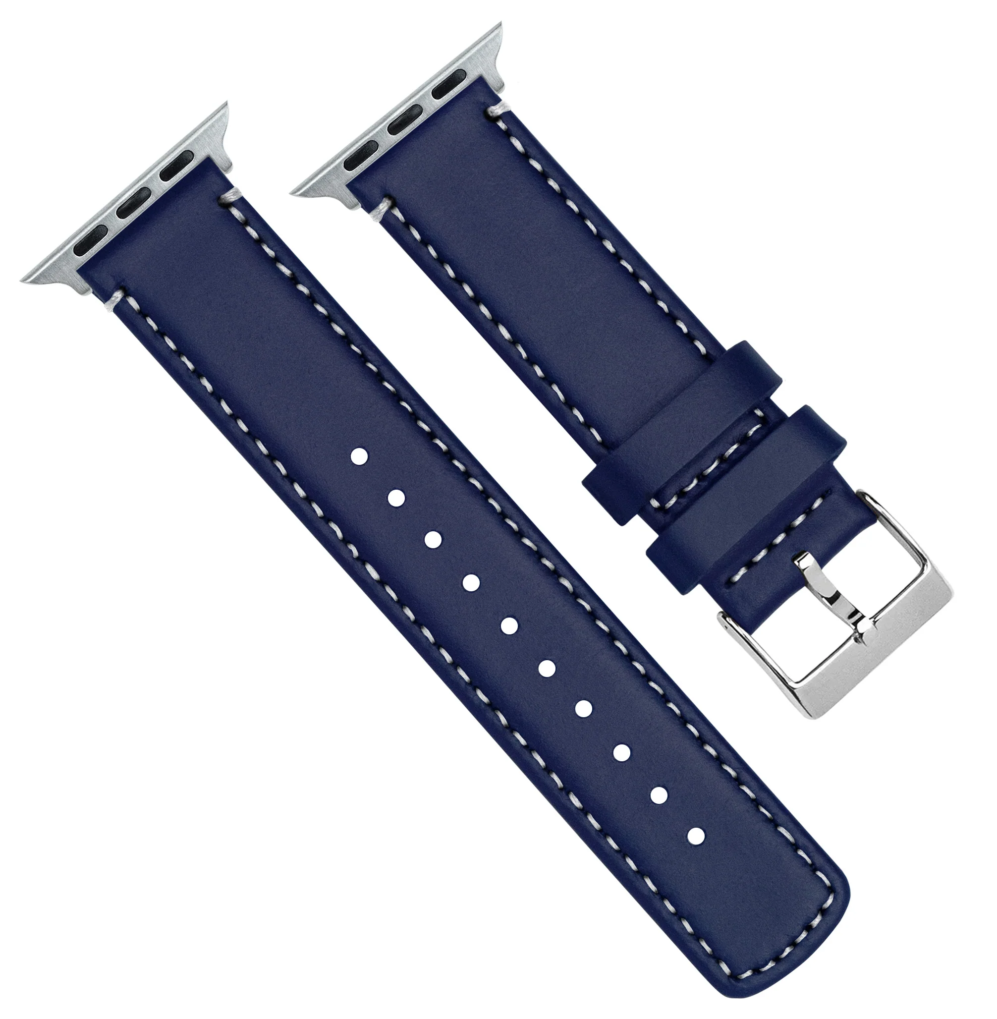 Apple Watch Navy Blue Leather Linen White Stitching Watch Band - Image 4
