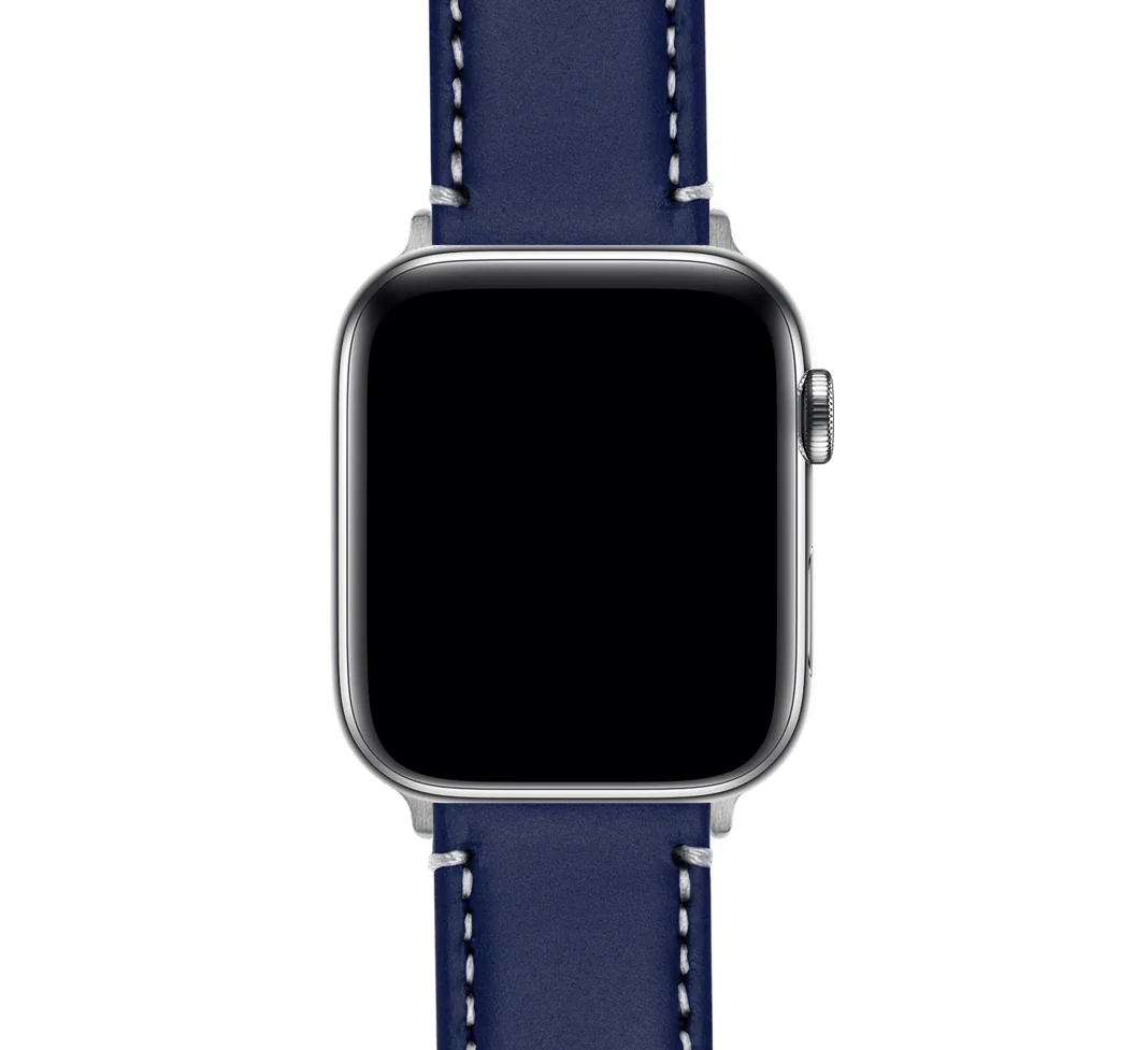 Apple Watch Navy Blue Leather Linen White Stitching Watch Band - Image 6