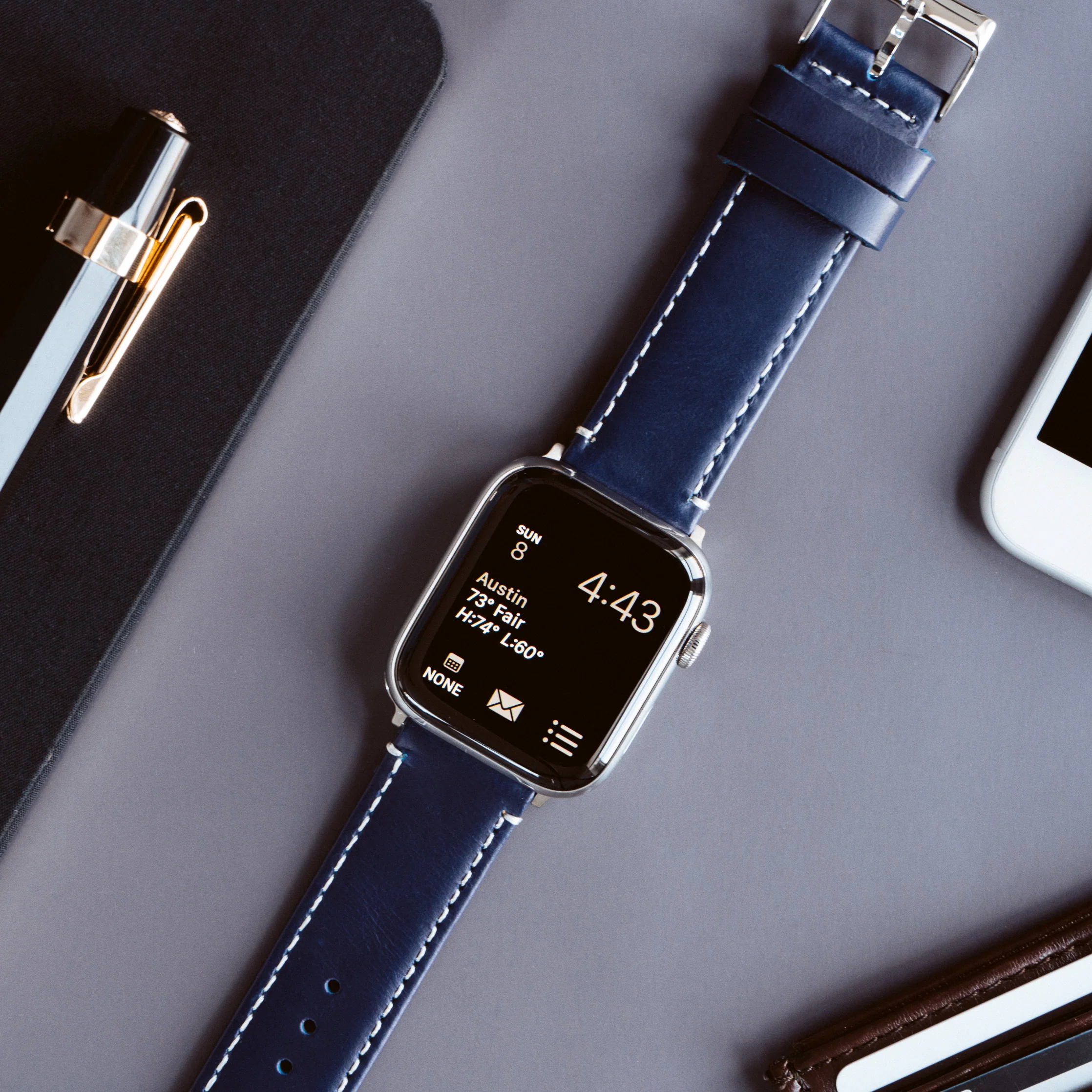 Apple Watch Navy Blue Leather Linen White Stitching Watch Band - Image 8