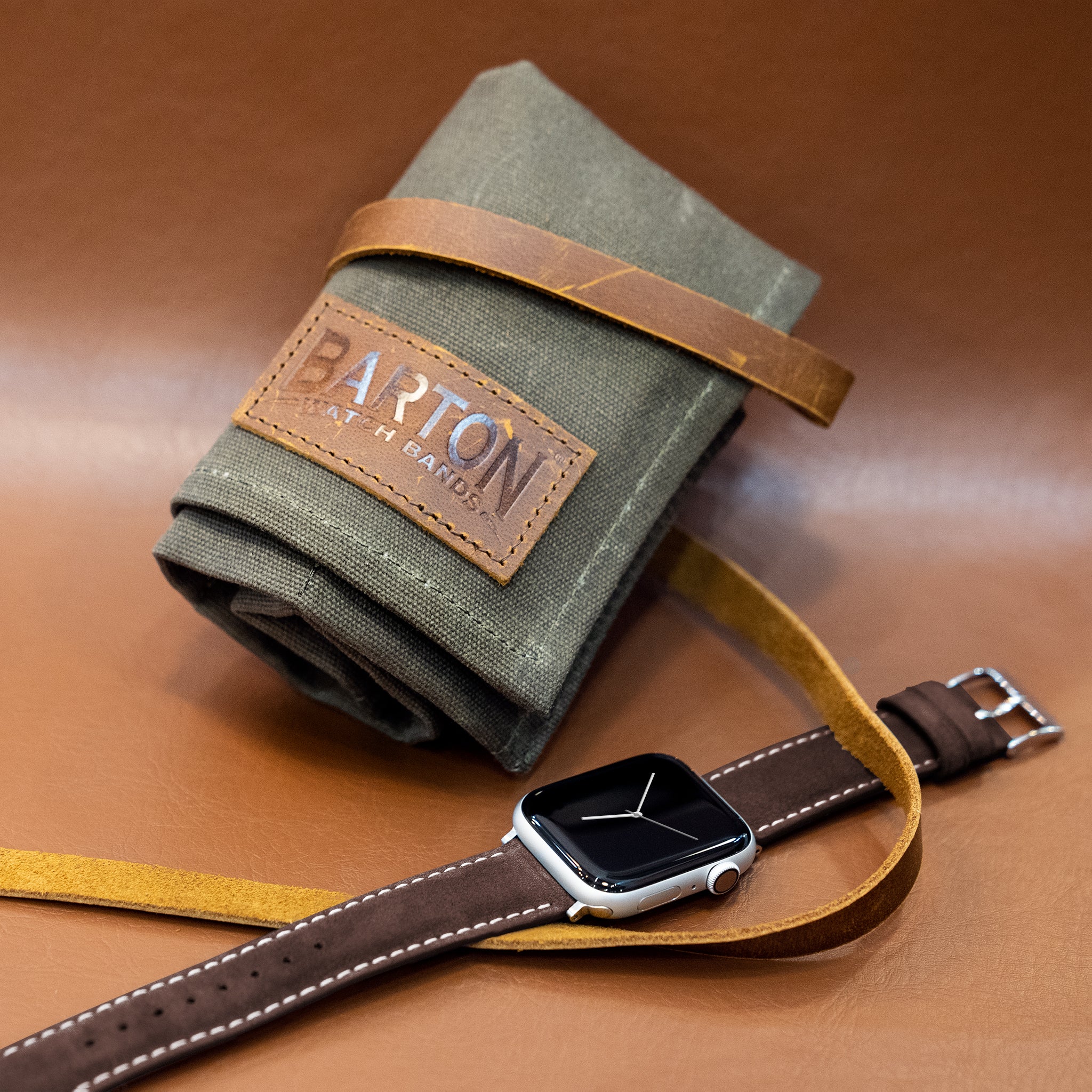 Apple Watch Root Brown Italian Suede Linen White Stitching Watch Band - Image 2