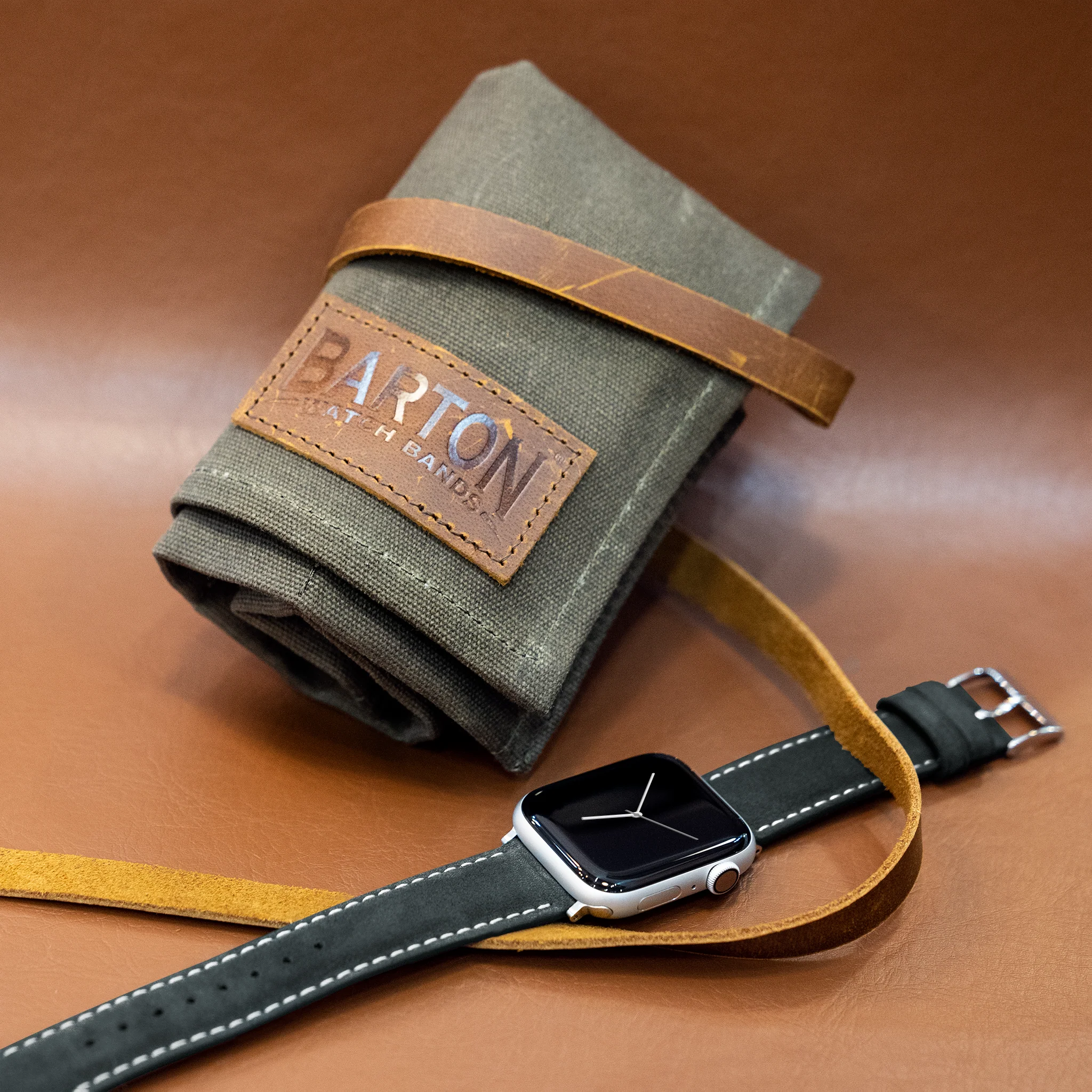 Apple Watch Slate Grey Italian Suede Linen White Stitching Watch Band - Image 2