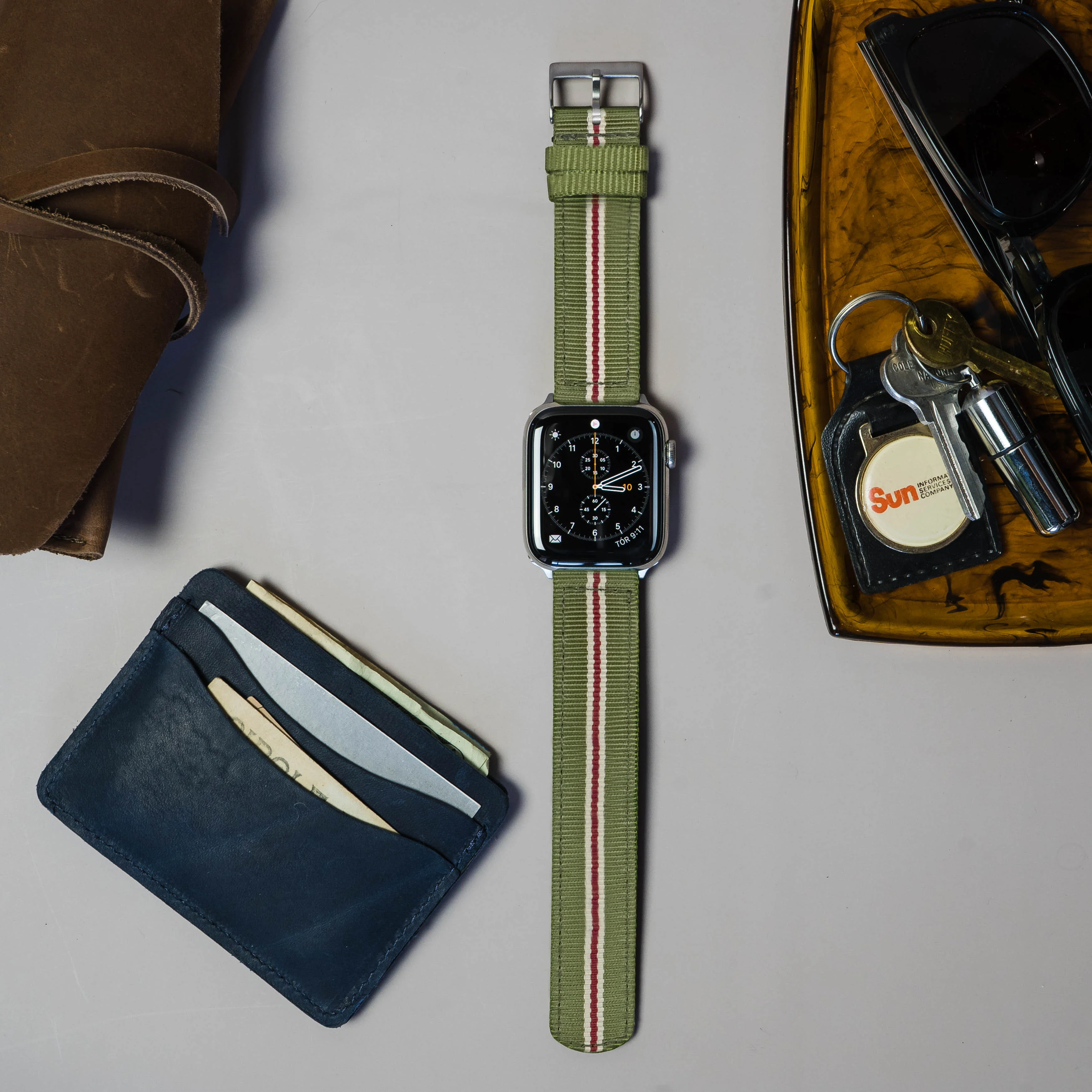 Apple Watch Two Piece NATO® style Army Green Crimson Watch Band - Image 3