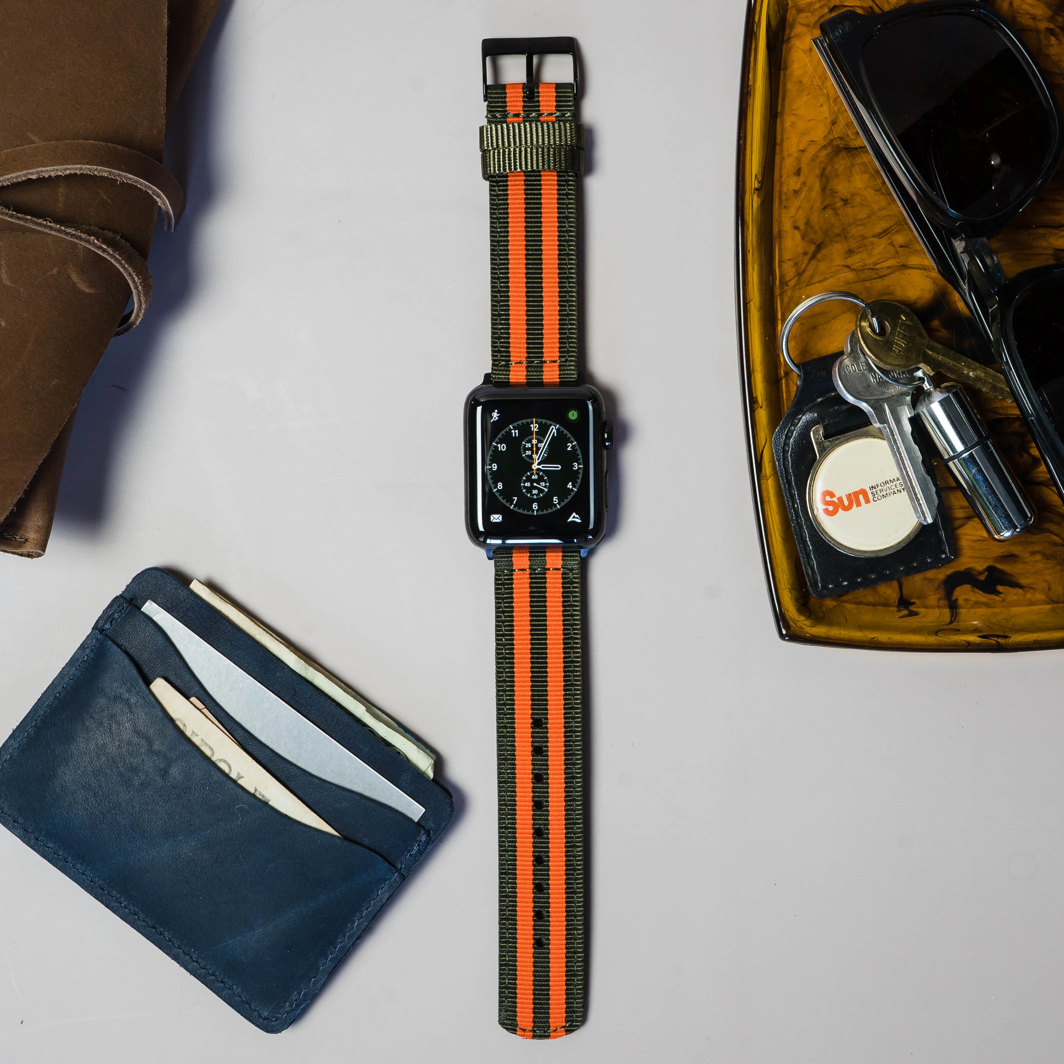 Apple Watch Two Piece NATO® style Army Green Orange Watch Band - Image 3