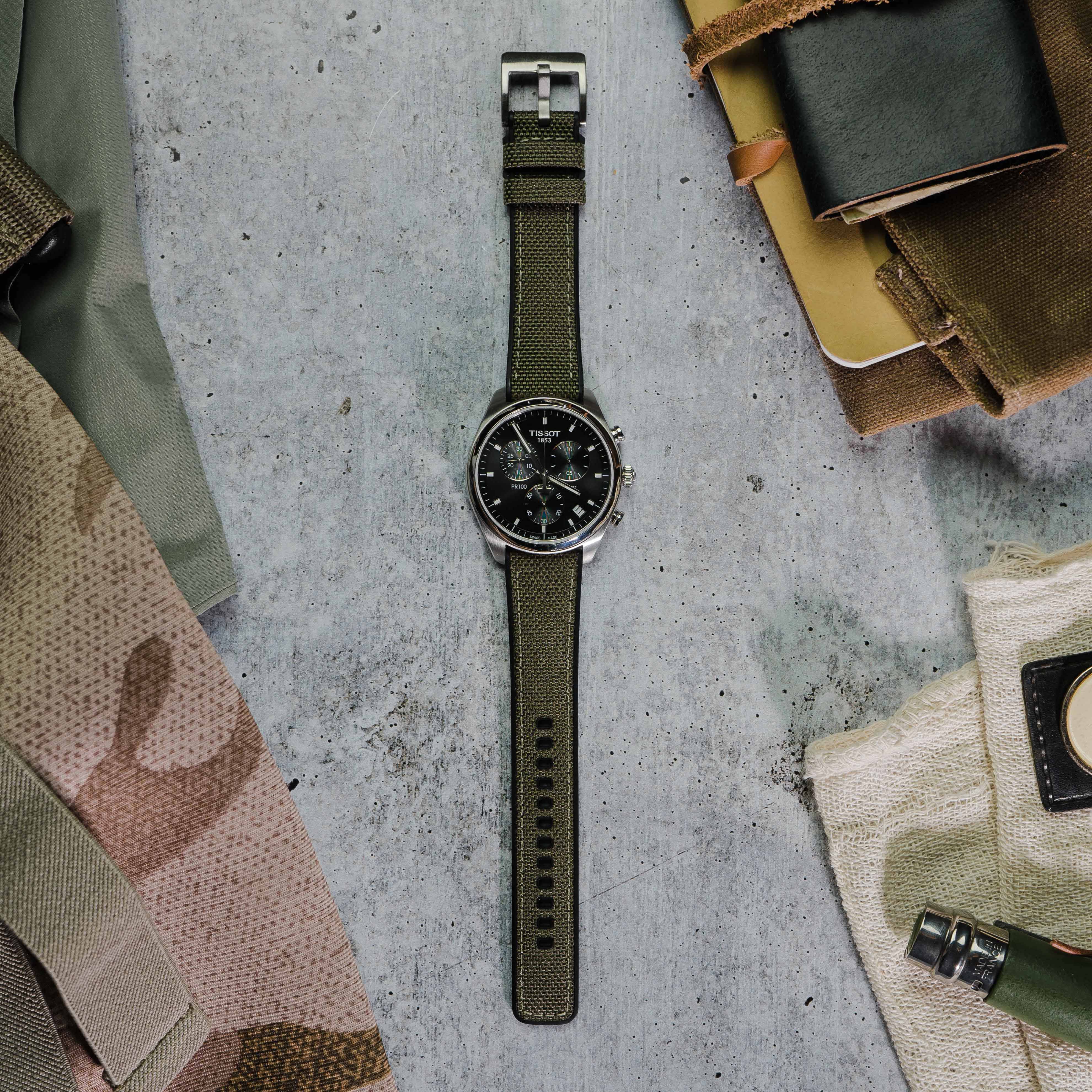 Army Green Cordura Fabric And Silicone Hybrid Watch Band - Image 3