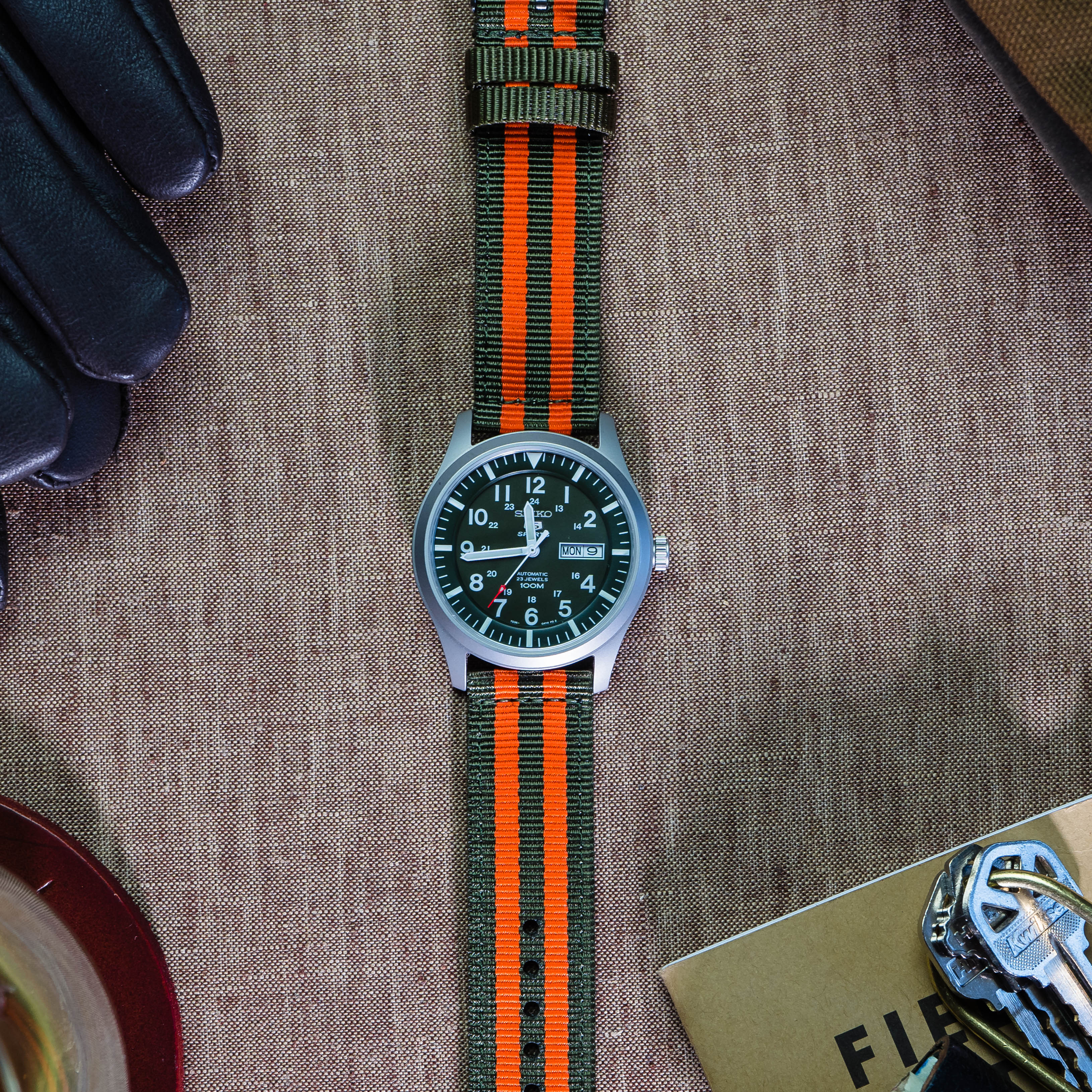 Army Green Orange Two Piece NATO® style Watch Band - Image 2