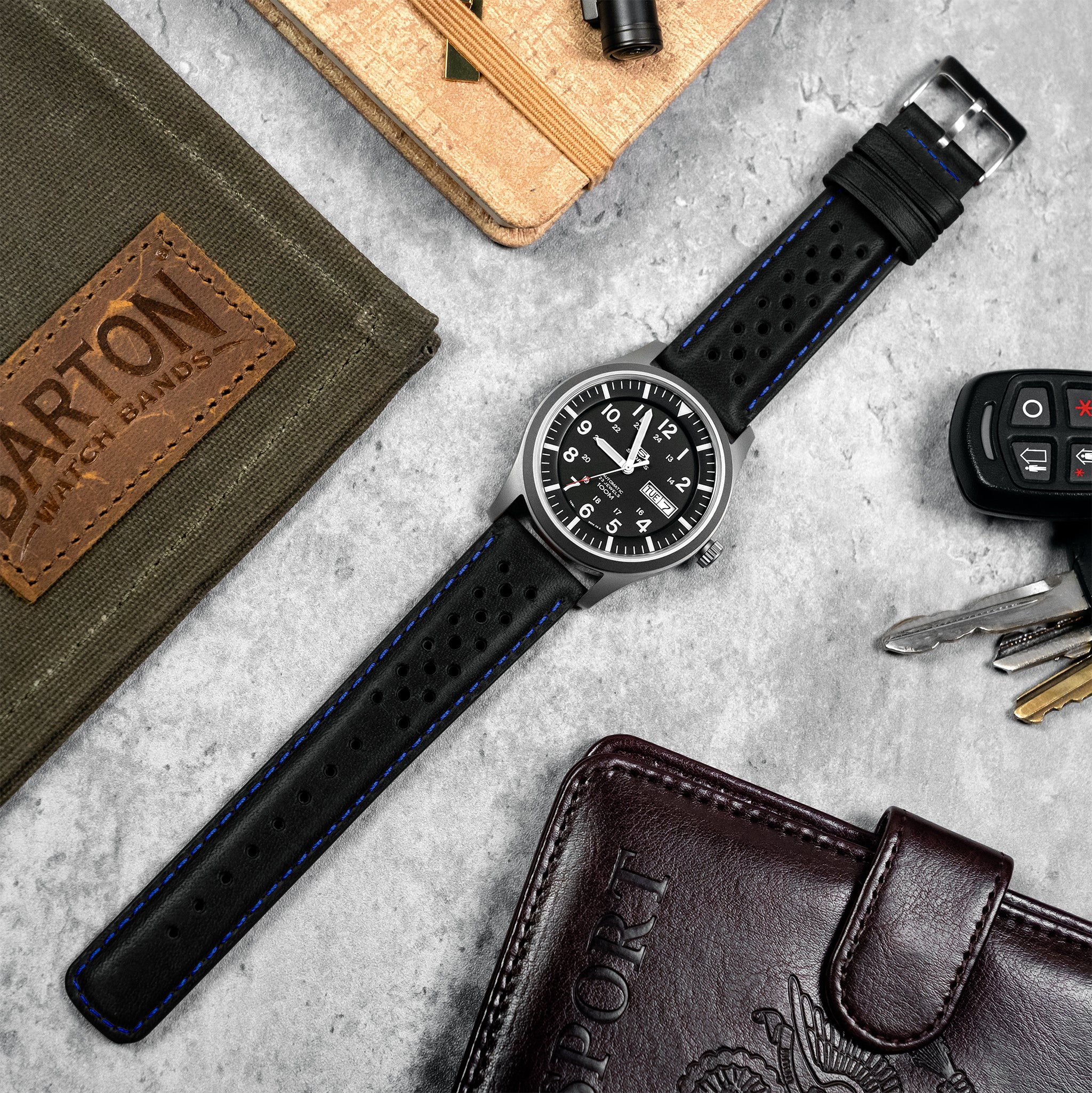 Black Blue Stitch Racing Horween Leather Watch Band - Image 2