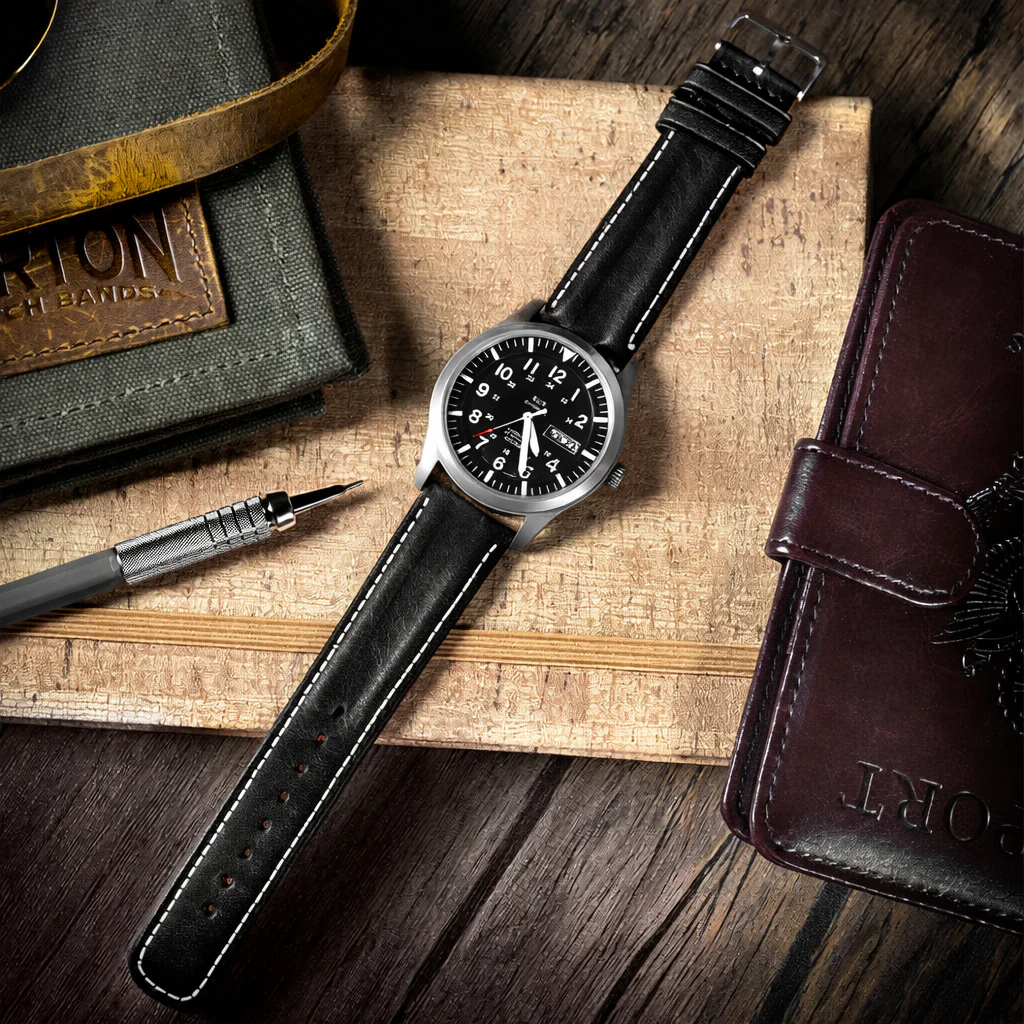 Black Classic Horween Leather Linen Stitch Watch Band - Image 2