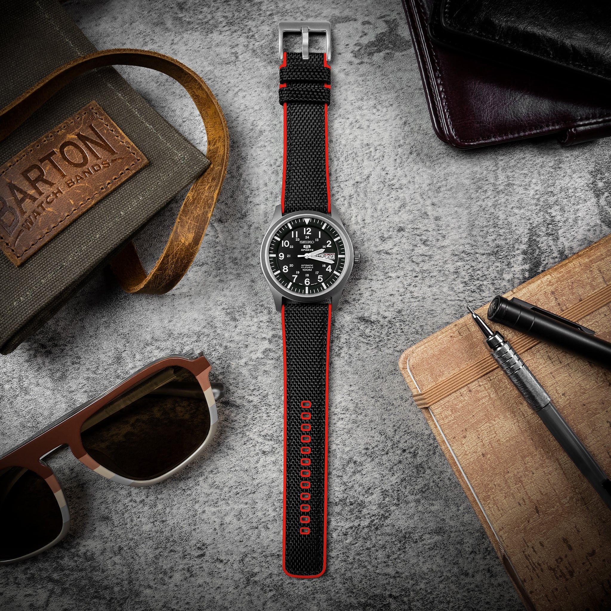 Black Cordura Fabric And Crimson Red Silicone Hybrid Watch Band - Image 3