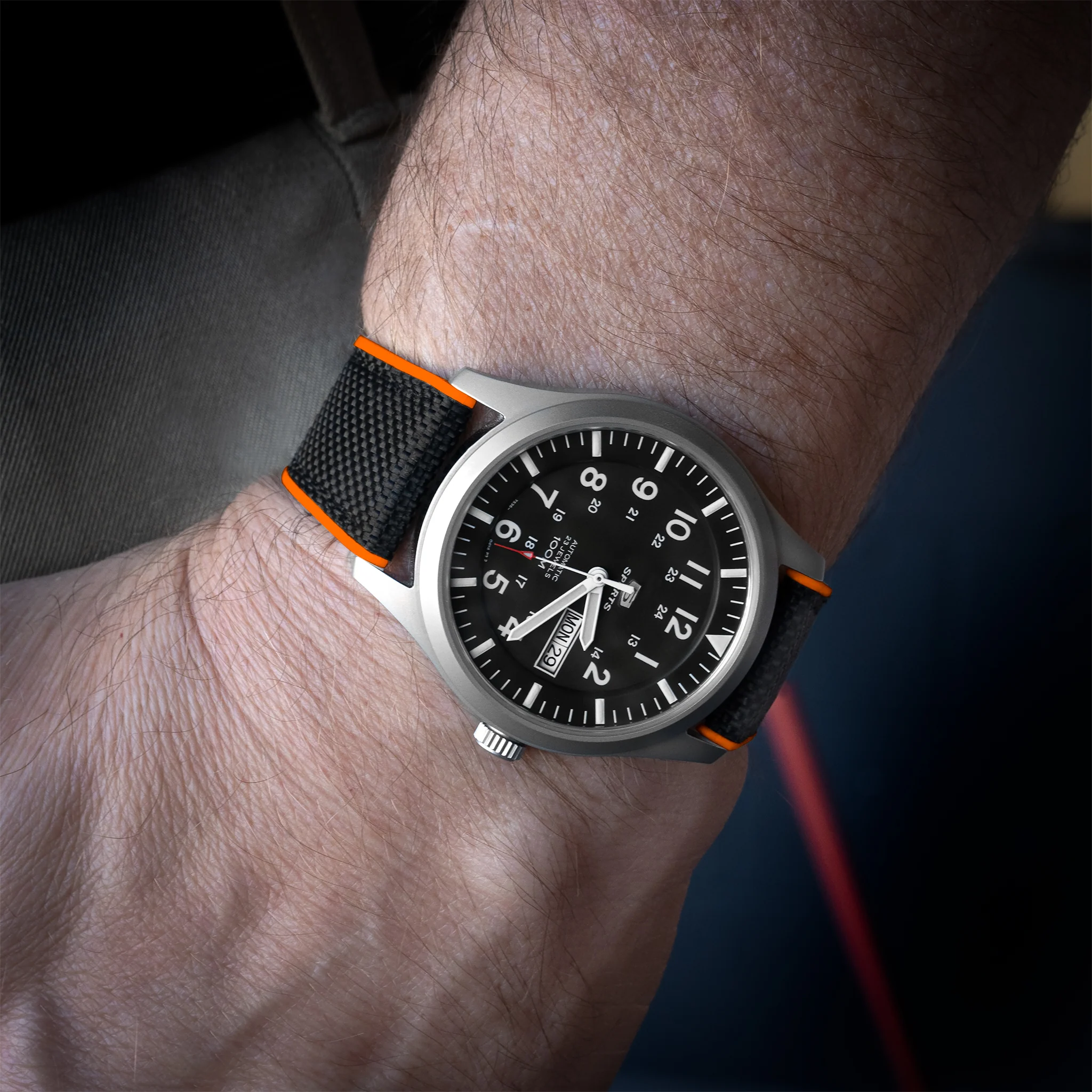 Black Cordura Fabric And Pumpkin Orange Silicone Hybrid Watch Band - Image 2