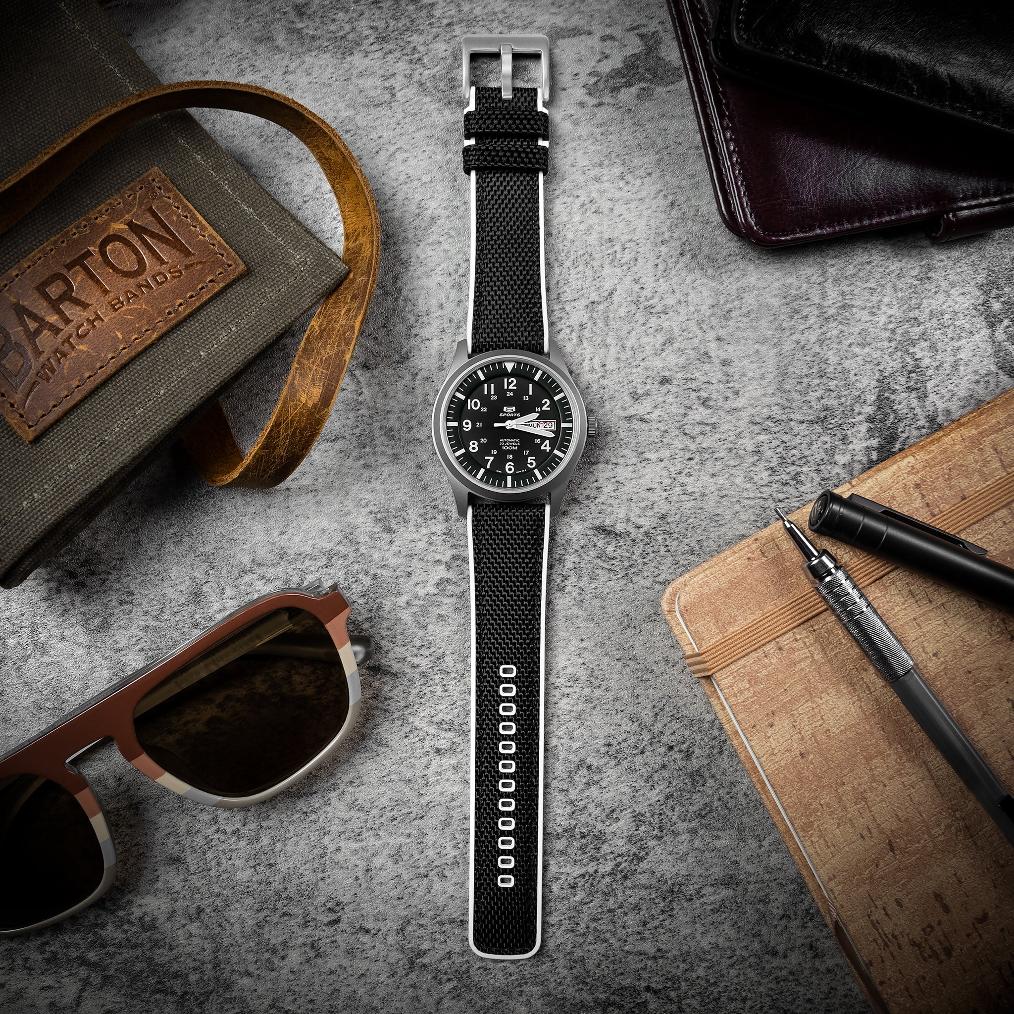 Black Cordura Fabric And White Silicone Hybrid Watch Band - Image 3