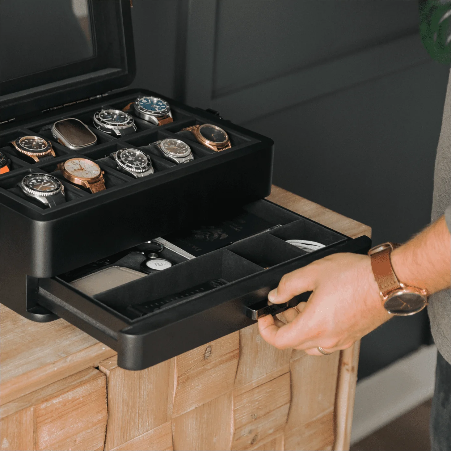 10-Slot Black Watch Box with Modular Storage & Accessory Drawer - Image 11