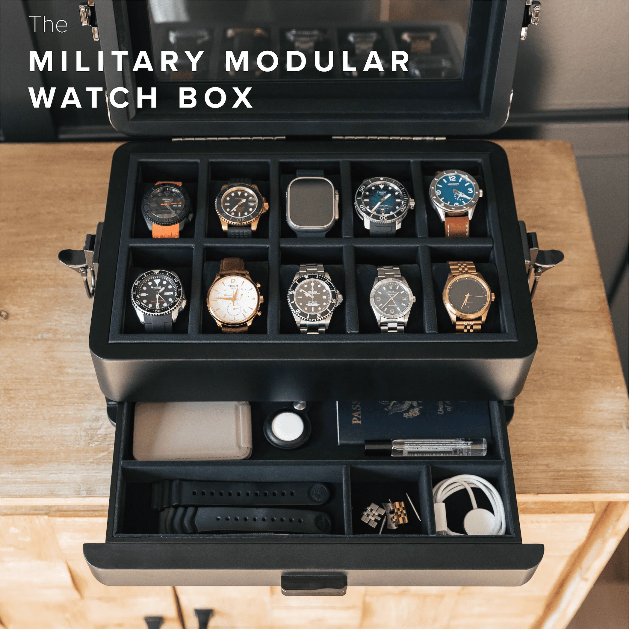 10-Slot Black Watch Box with Modular Storage & Accessory Drawer - Image 2