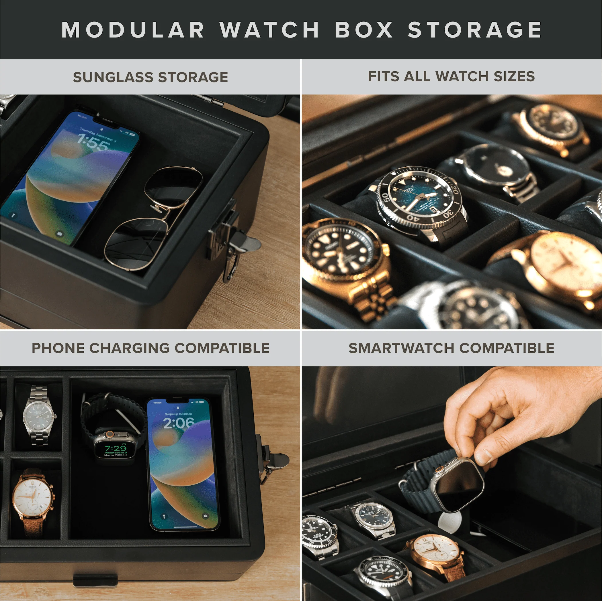 10-Slot Black Watch Box with Modular Storage & Accessory Drawer - Image 3