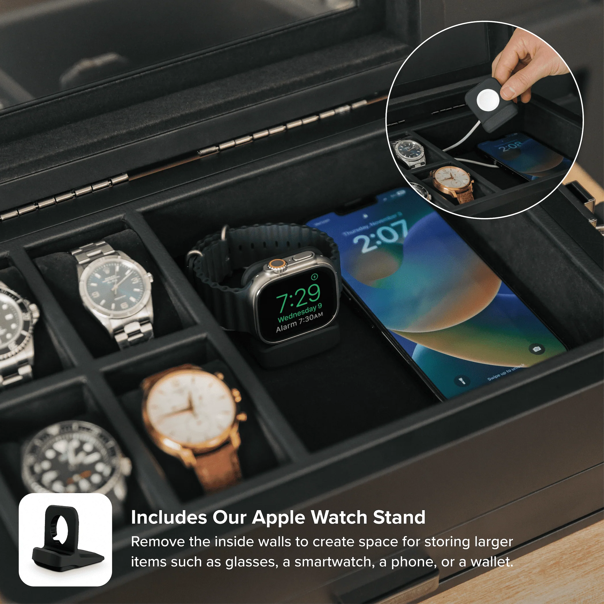 10-Slot Black Watch Box with Modular Storage & Accessory Drawer - Image 4