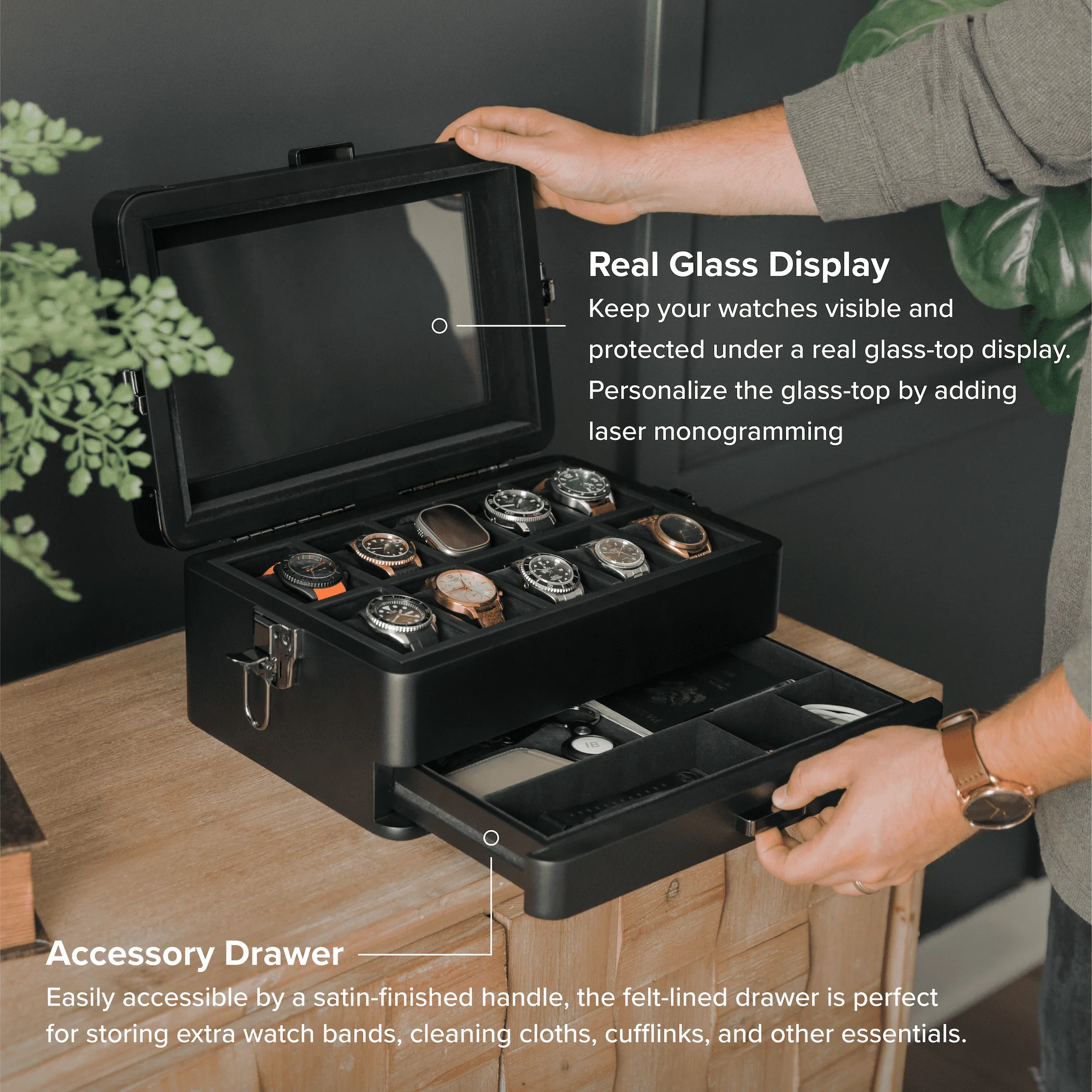 10-Slot Black Watch Box with Modular Storage & Accessory Drawer - Image 5