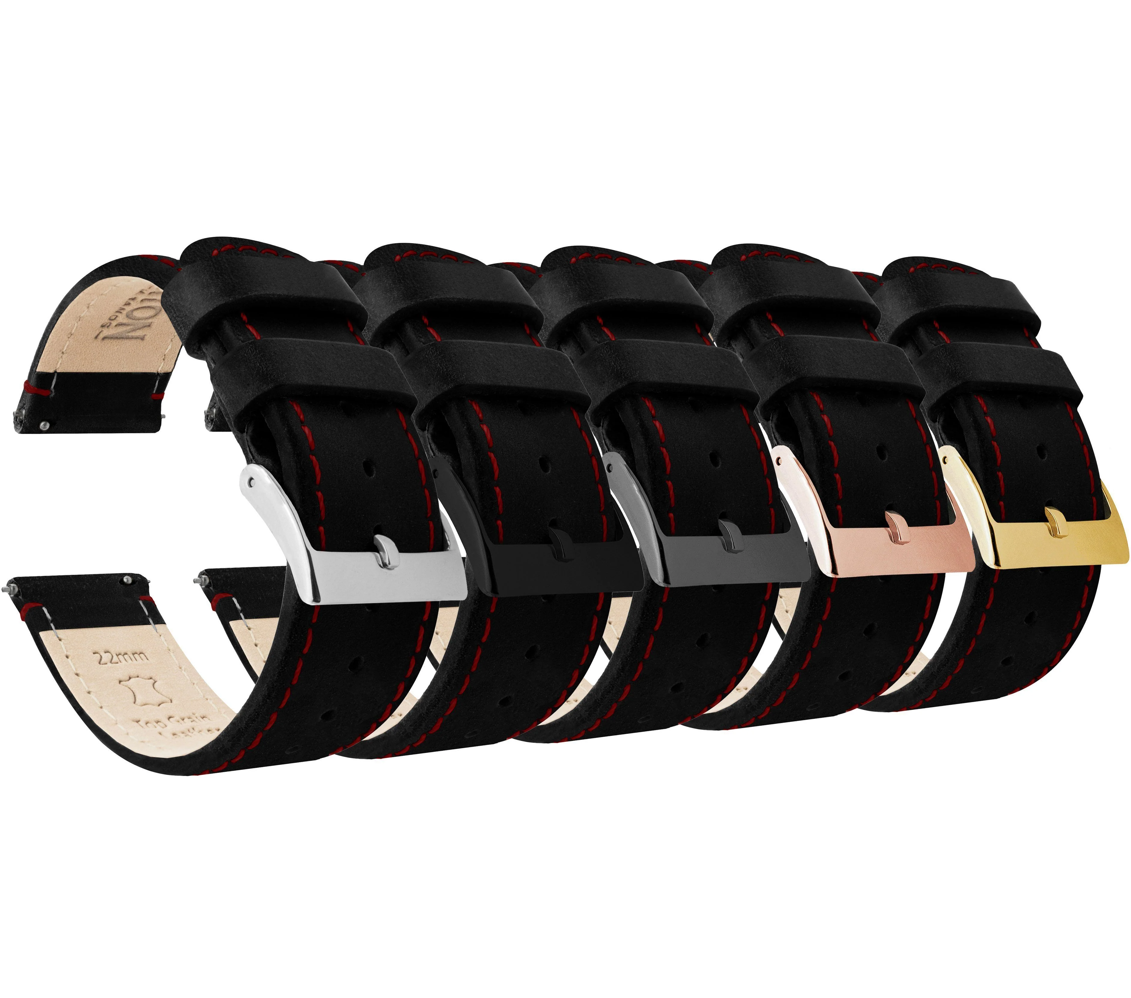 Black Leather Crimson Red Stitching Watch Band - Image 2
