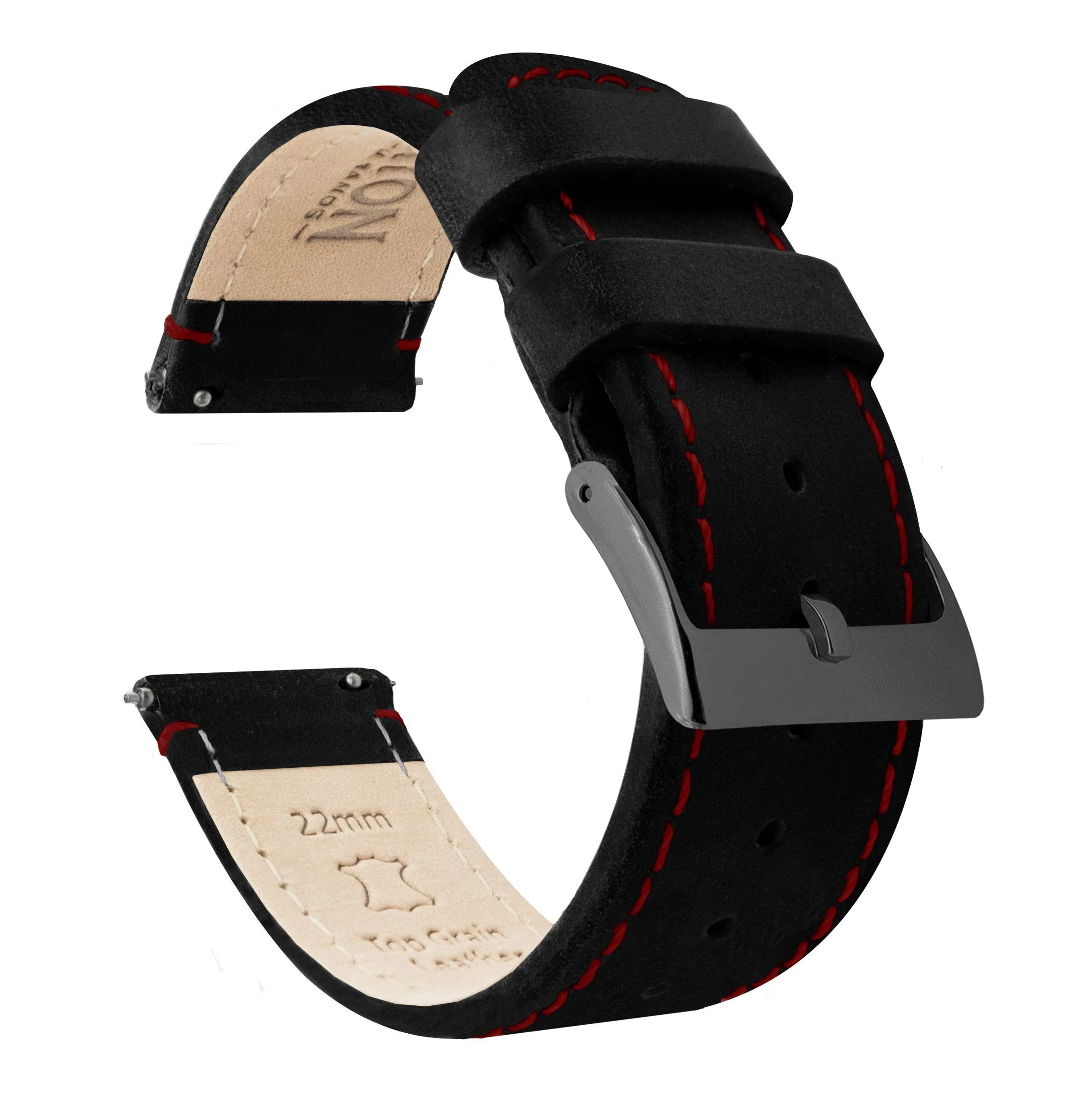Black Leather Crimson Red Stitching Watch Band - Image 9