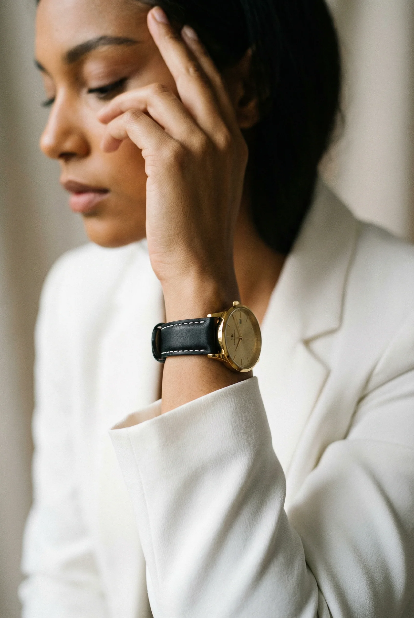 Black Leather White Stitching Quick Release Watch Band (Women's) - Image 3