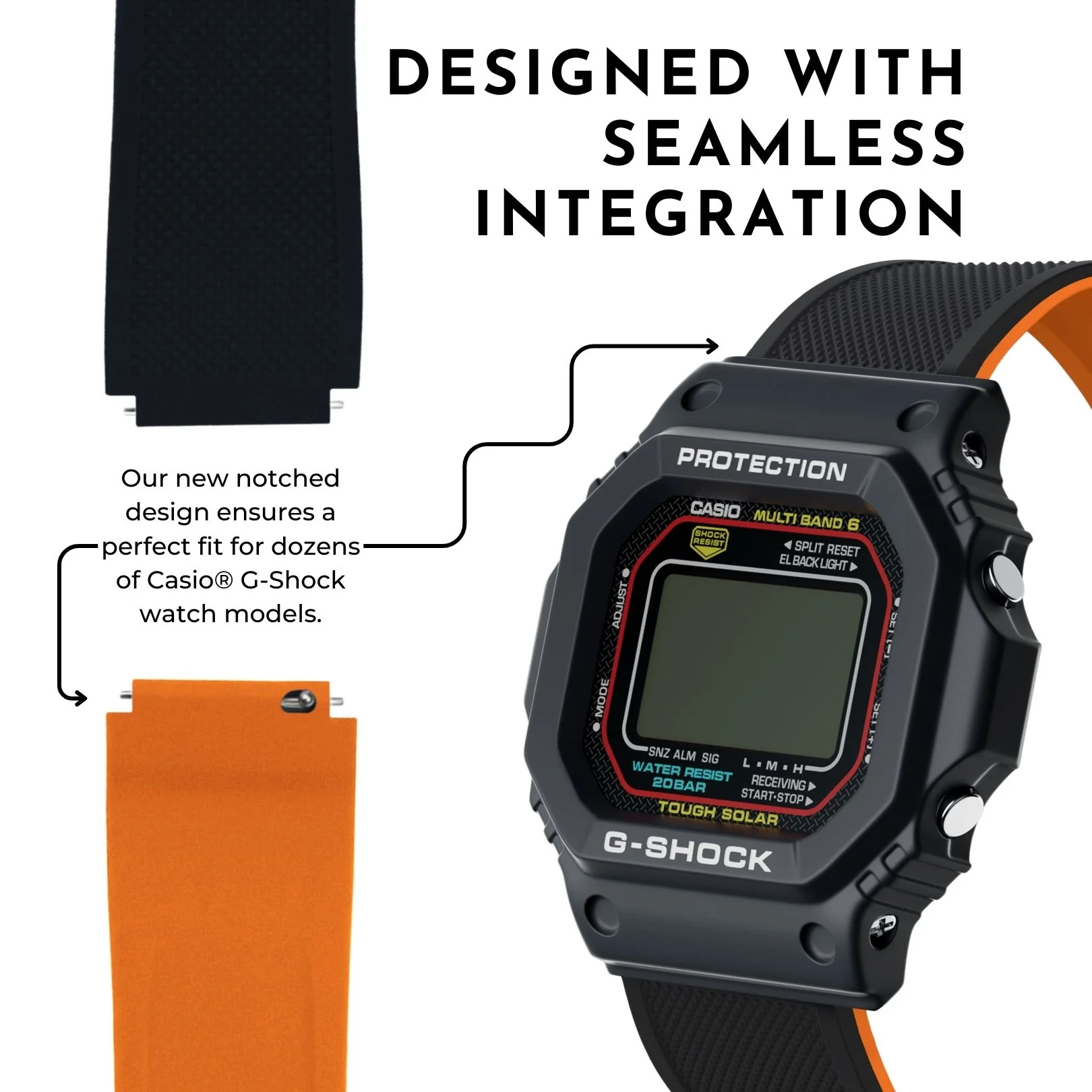 Black & Orange Elite Silicone Casio® G-Shock Watch Band - Image 2