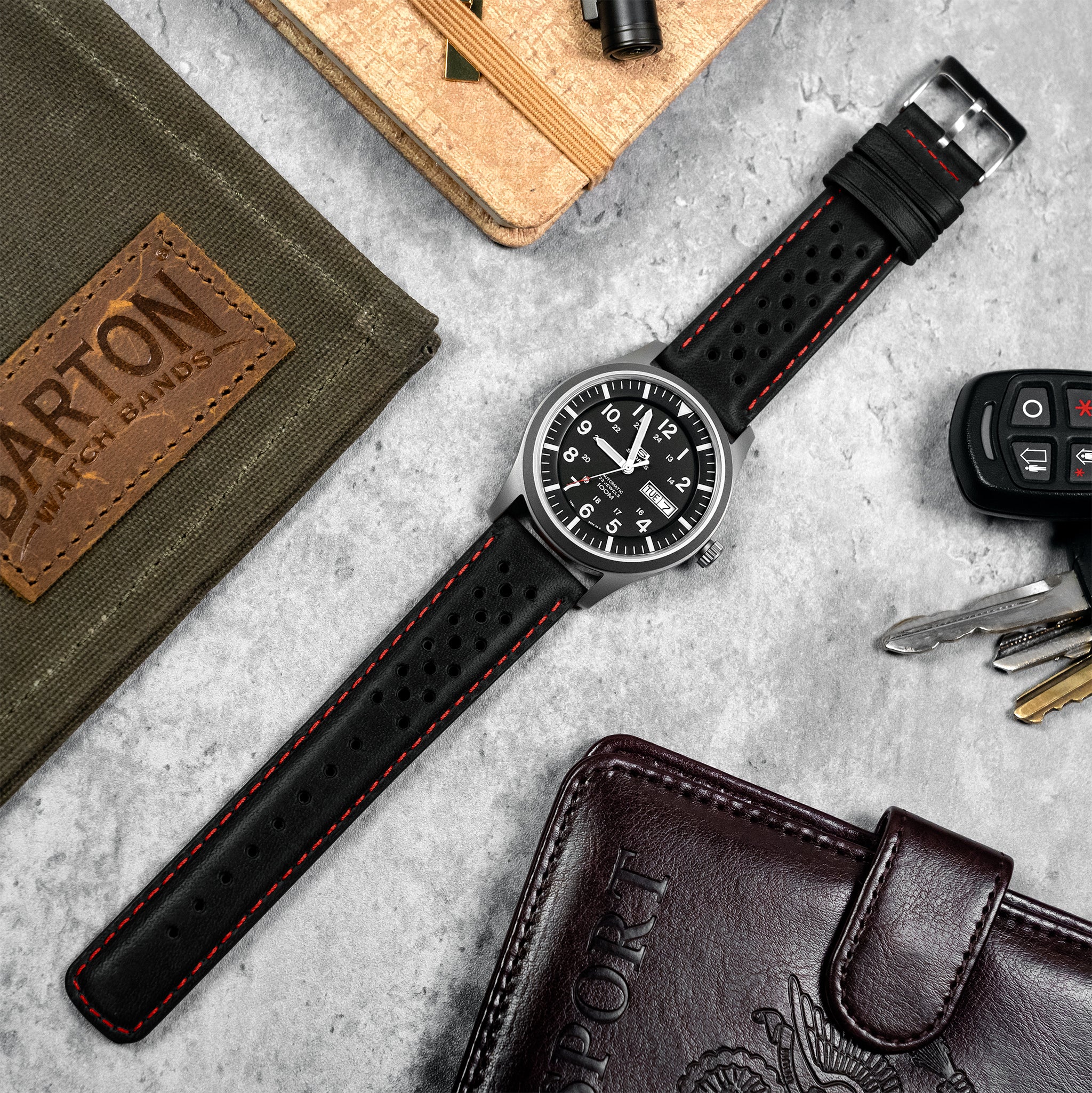 Black Red Stitch Racing Horween Leather Watch Band - Image 2