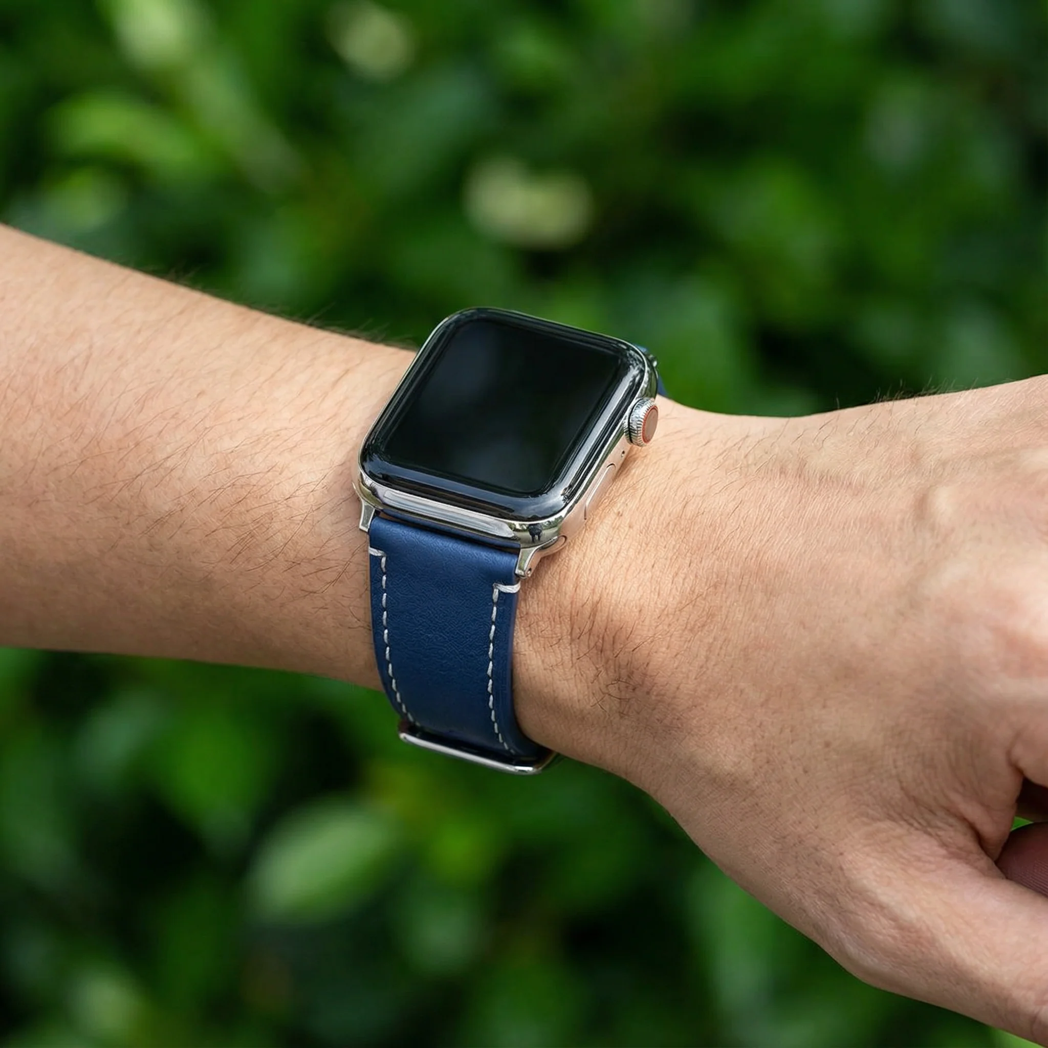 Apple Watch Navy Blue Leather Linen White Stitching Watch Band - Image 2