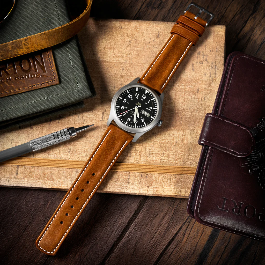 Caramel Brown Classic Horween Leather Linen Stitching Watch Band - Image 2