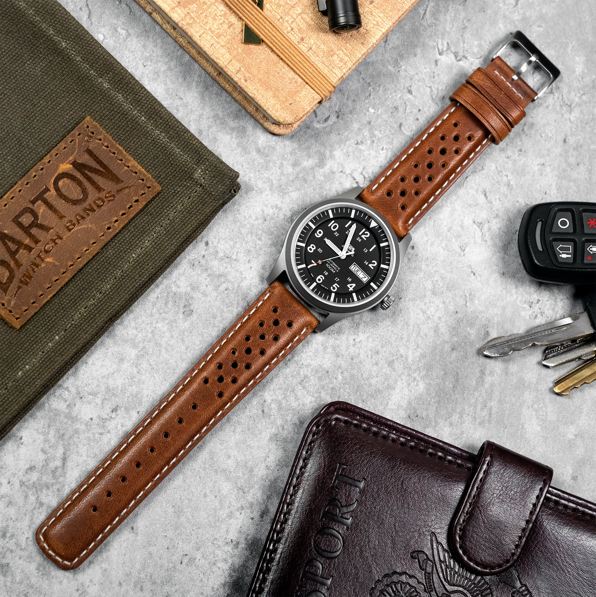Caramel Brown Linen Stitch Racing Horween Leather Watch Band - Image 2