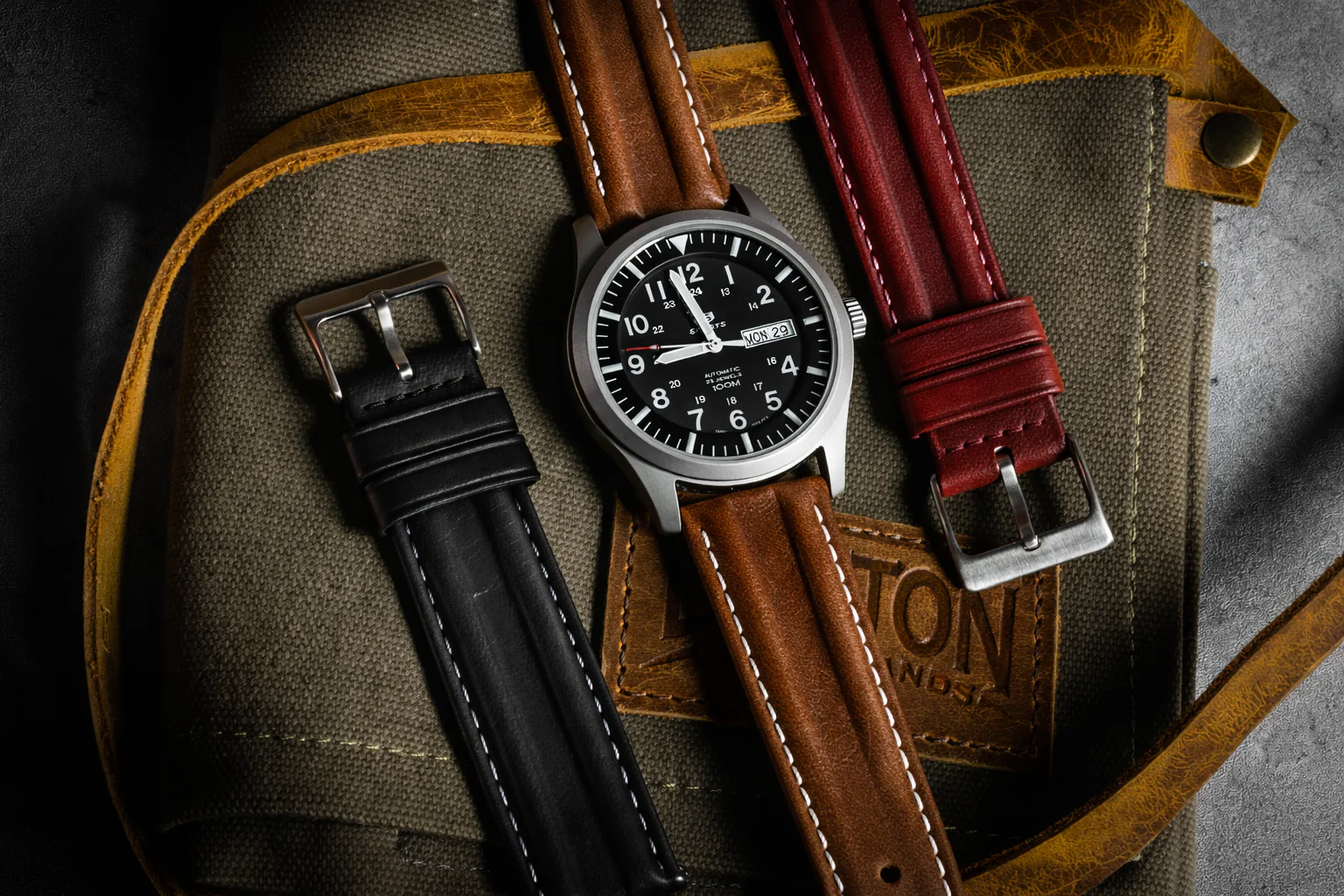 Chocolate Brown Classic Horween Leather Linen Stitching Watch Band - Image 2