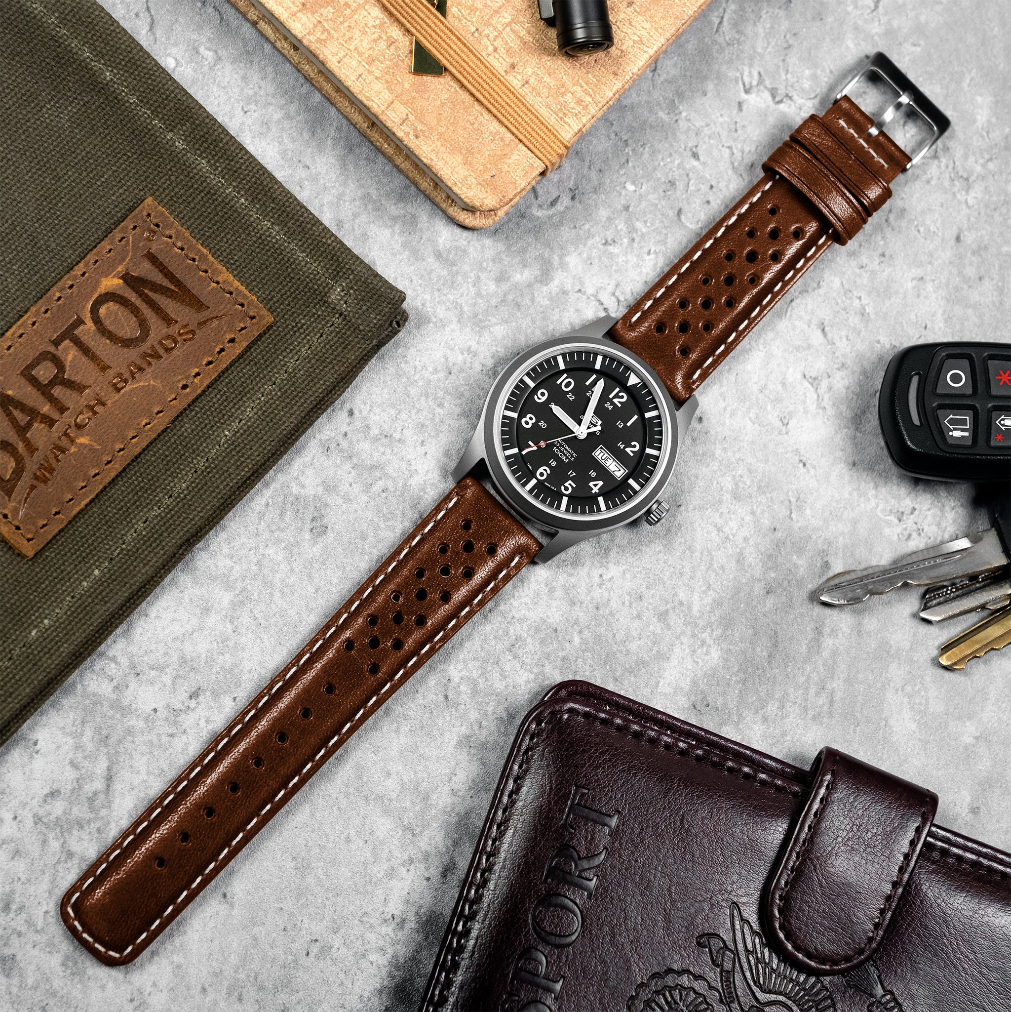 Chocolate Brown Linen Stitch Racing Horween Leather Watch Band - Image 2