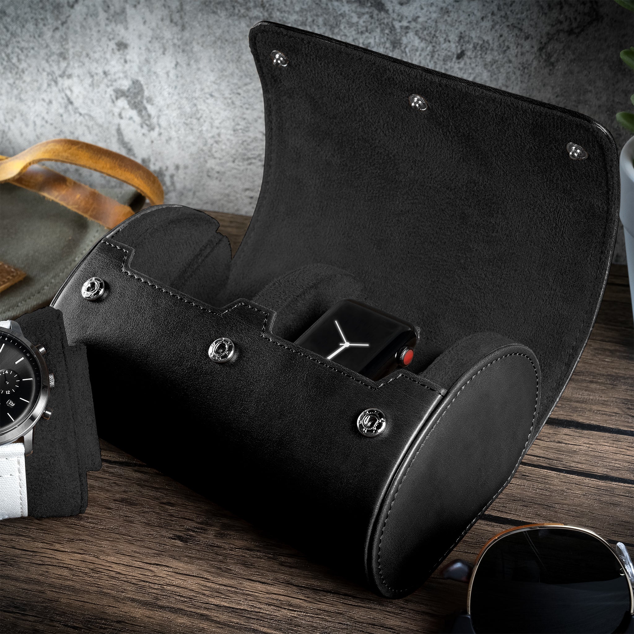 Double Recycled Leather Watch Roll Travel Case - Image 10