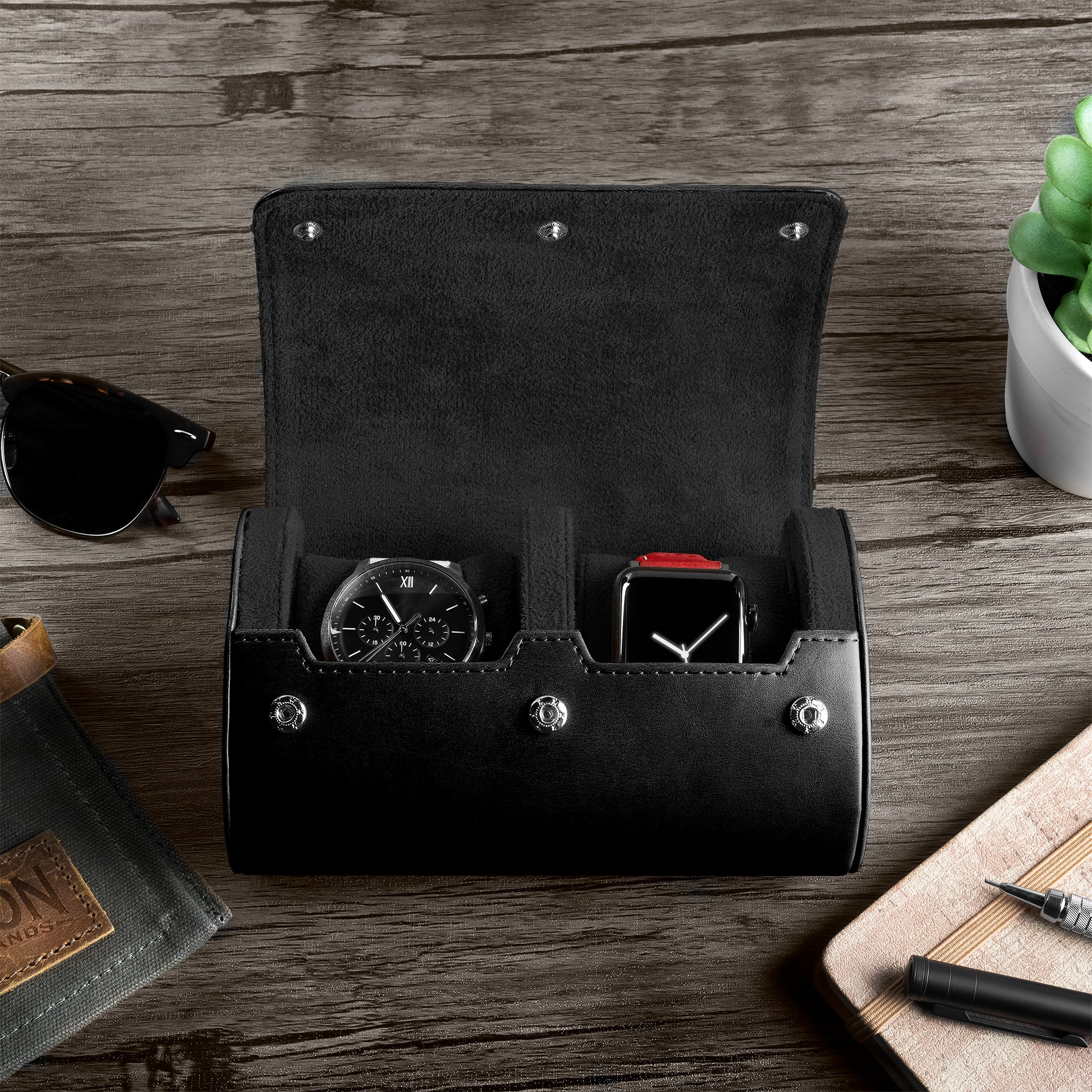 Double Recycled Leather Watch Roll Travel Case - Image 22