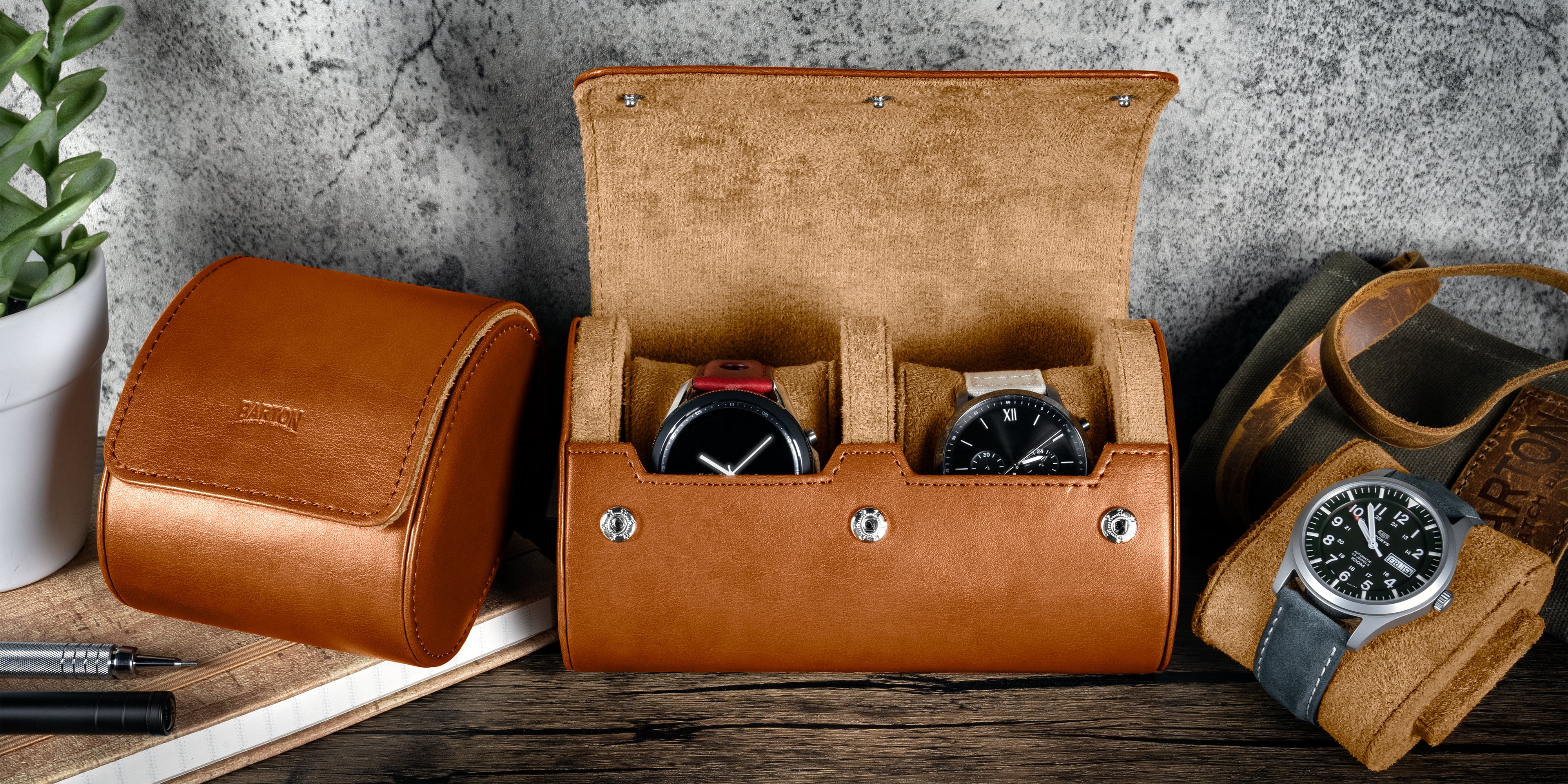 Double Recycled Leather Watch Roll Travel Case - Image 3