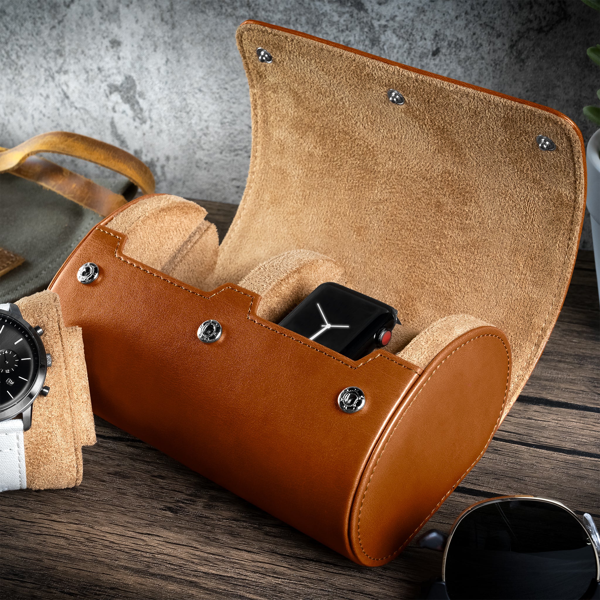 Double Recycled Leather Watch Roll Travel Case - Image 5