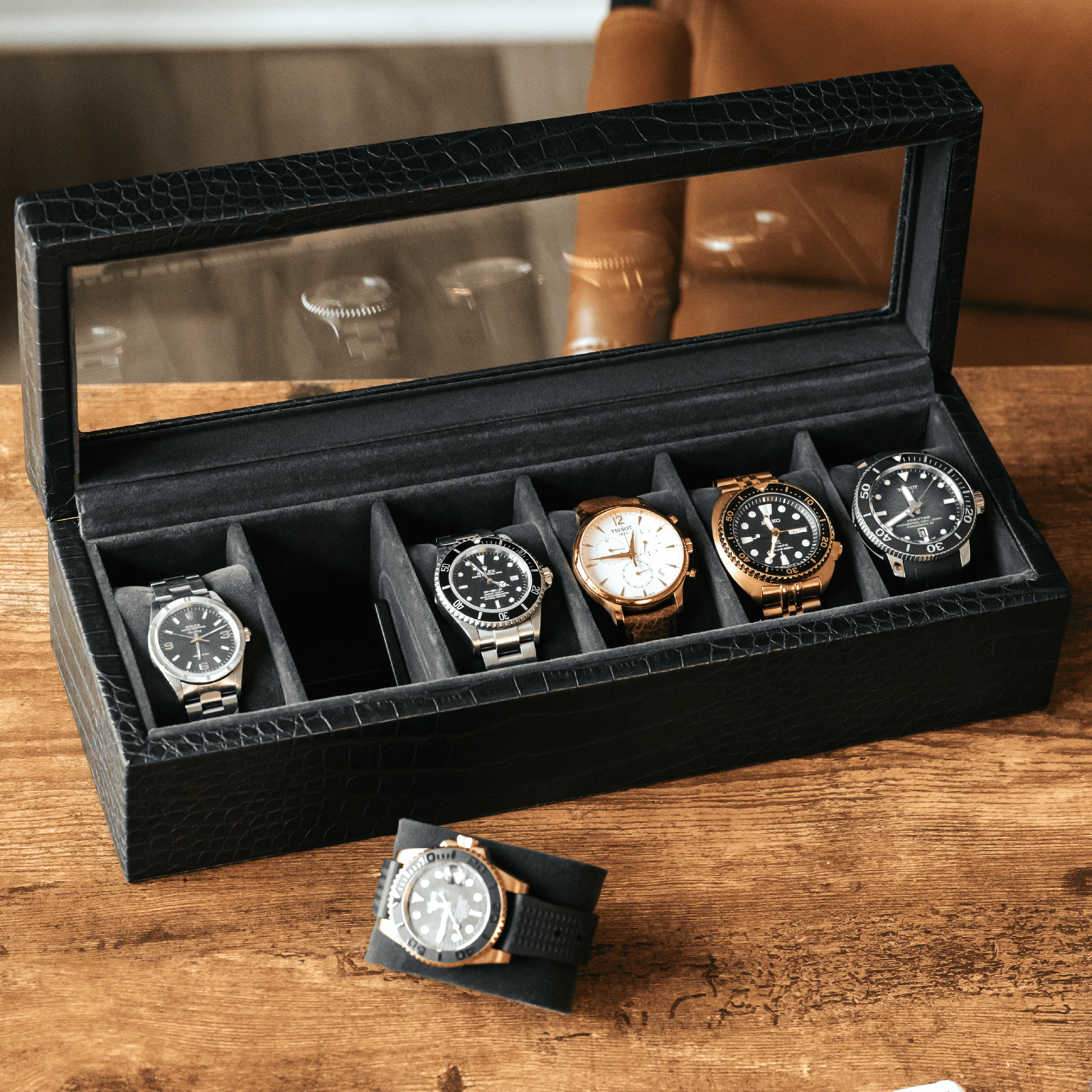 Faux Crocodile Watch Box - 6 Slot - Image 3