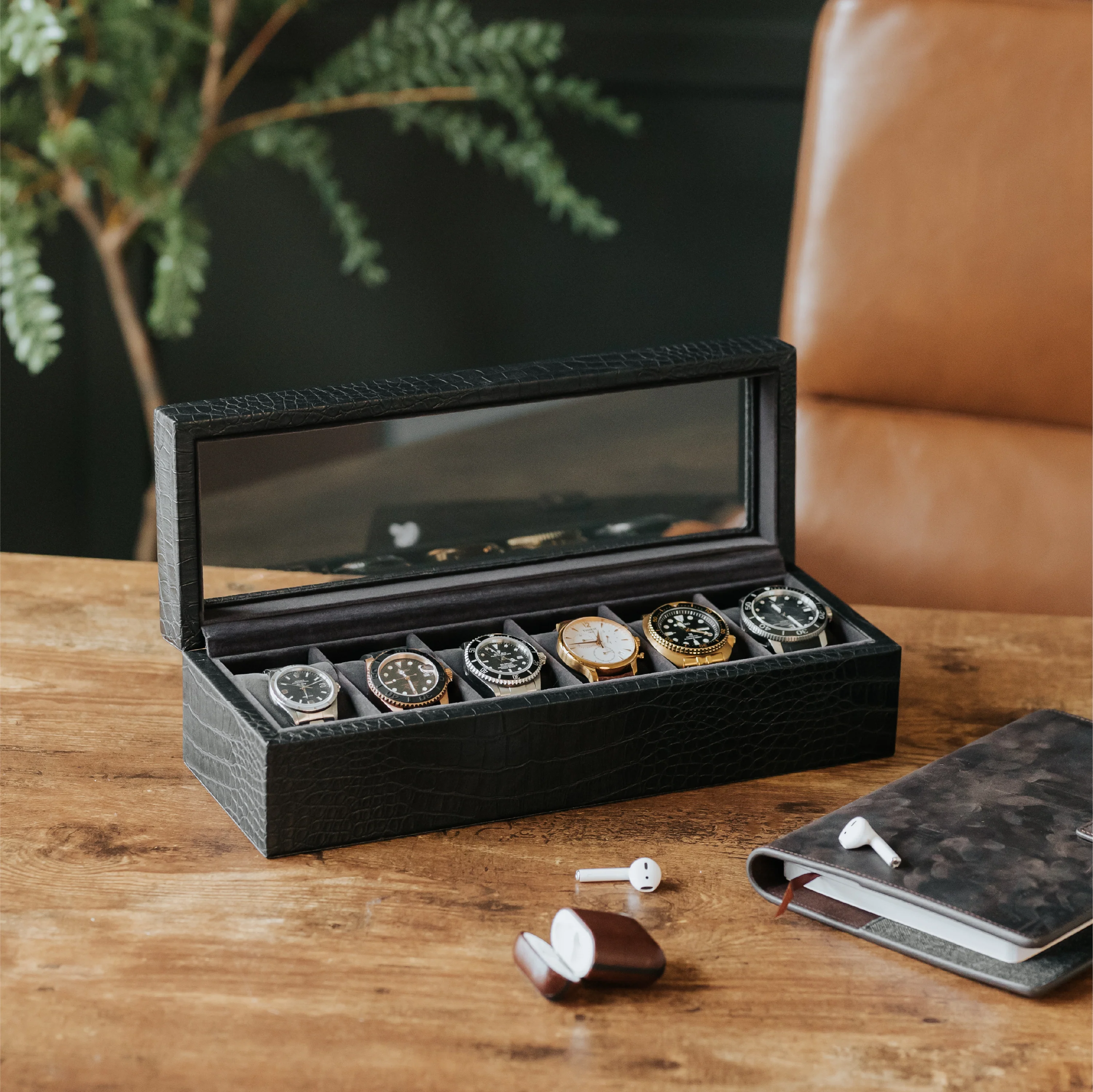 Faux Crocodile Watch Box - 6 Slot - Image 5